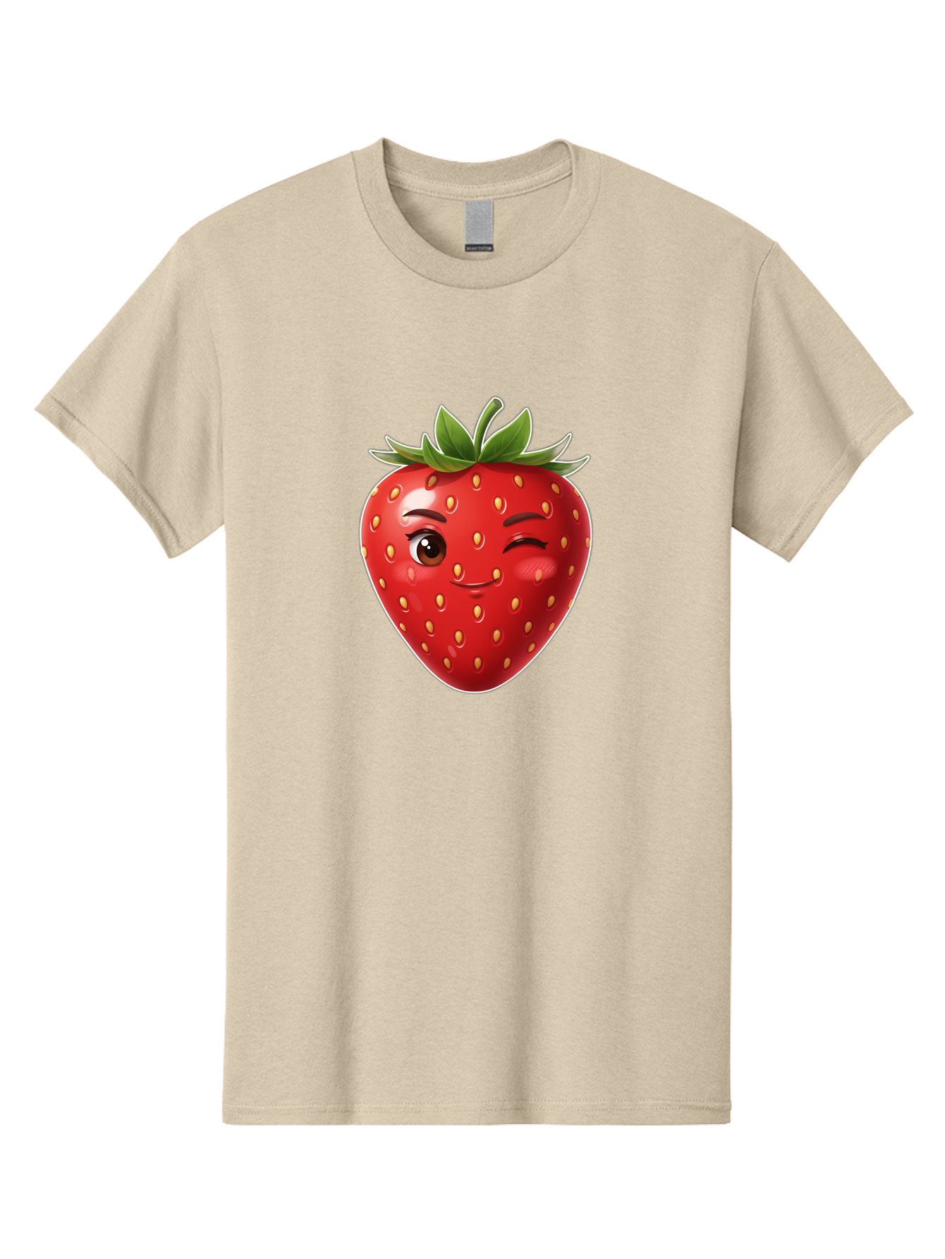 Winking-Strawberry-12 Men'S Graphic Tee, 100% Cotton, Comfortable Casual Summer Wear, Machine Washable, Winking Strawberry, Cartoon Style, Fresh Fruit, Healthy Snack, Vibrant Colors, Playful Expression, Yellow Seeds, Green Leaves Bac557