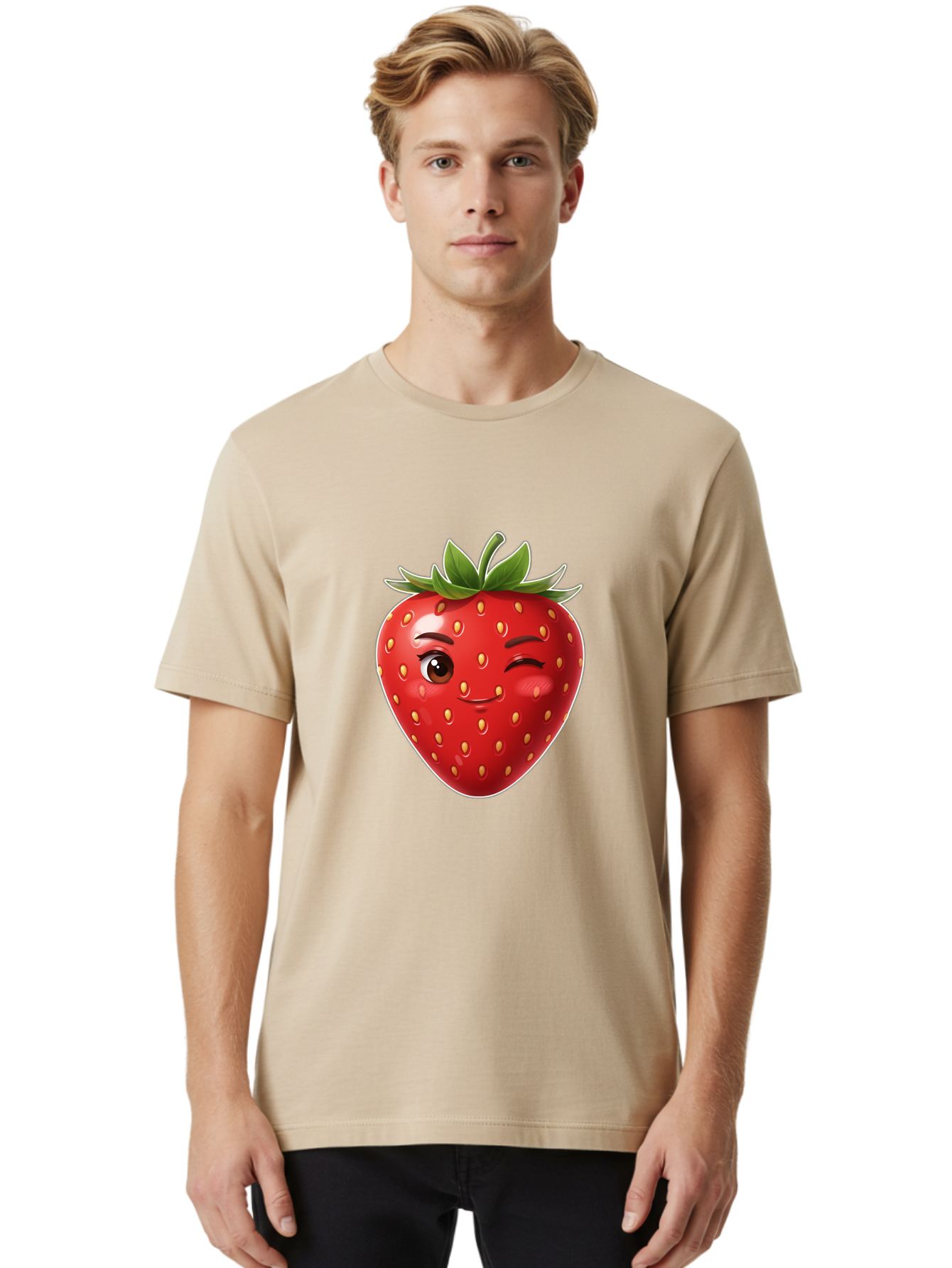 Winking-Strawberry-12 Men'S Graphic Tee, 100% Cotton, Comfortable Casual Summer Wear, Machine Washable, Winking Strawberry, Cartoon Style, Fresh Fruit, Healthy Snack, Vibrant Colors, Playful Expression, Yellow Seeds, Green Leaves Bac557