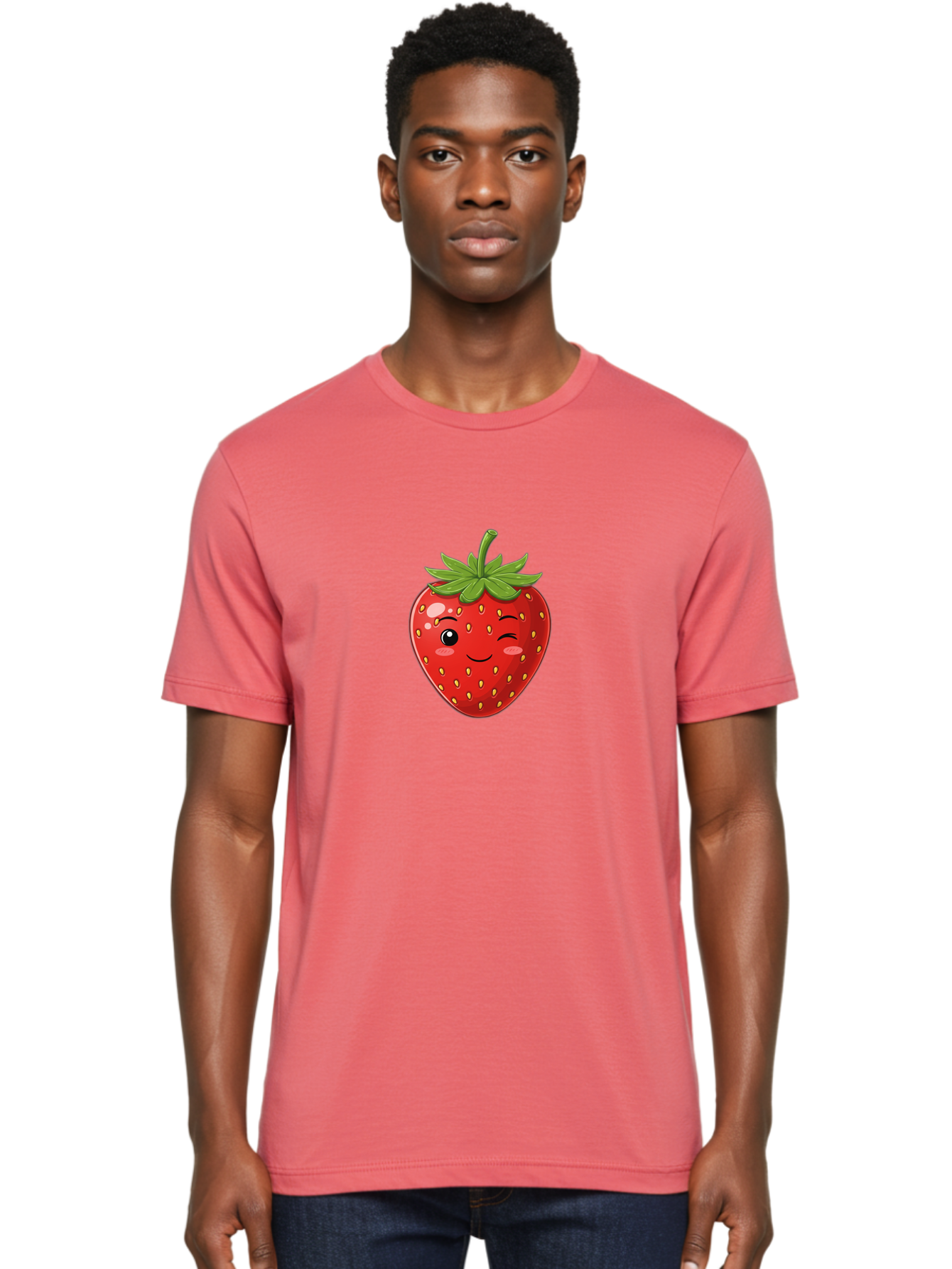 Winking-Strawberry-13 Men'S Graphic Tee, 100% Cotton, Comfortable Casual Summer Wear, Machine Washable, Winking Strawberry Cartoon, Smiling Fruit, Shiny Red Strawberry, Adorable Illustration, Cute Character Design, Playful Emoji, Happy Face, Bac558