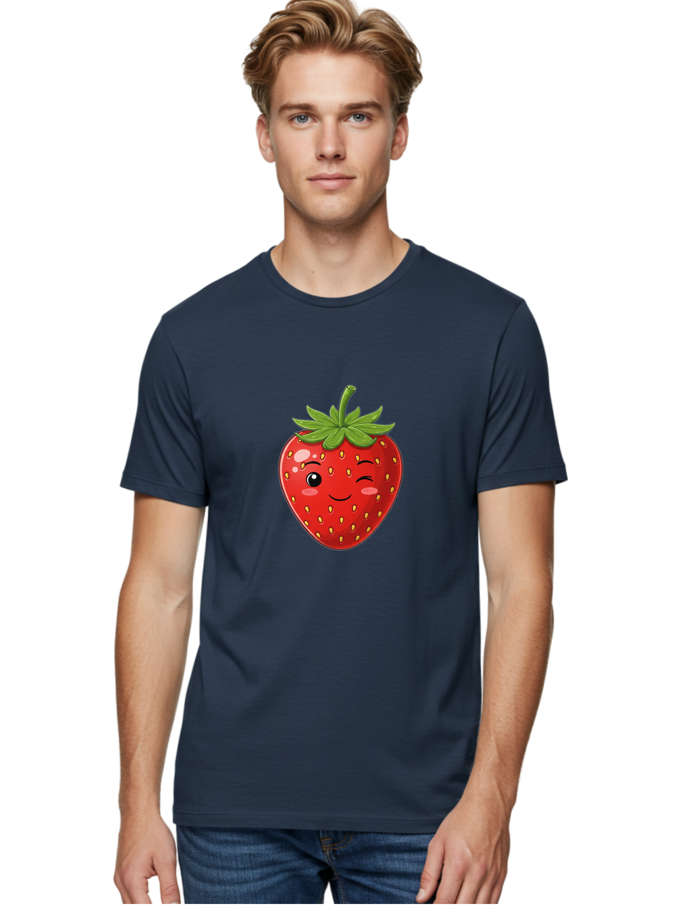 Winking-Strawberry-13 Men'S Graphic Tee, 100% Cotton, Comfortable Casual Summer Wear, Machine Washable, Winking Strawberry Cartoon, Smiling Fruit, Shiny Red Strawberry, Adorable Illustration, Cute Character Design, Playful Emoji, Happy Face, Bac558