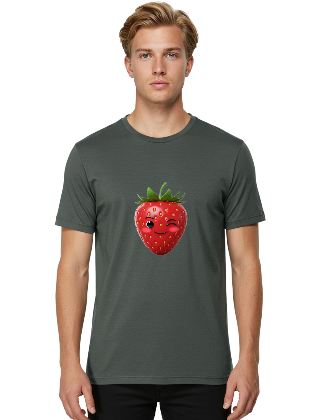 Winking-Strawberry-2 Men'S Graphic Tee, 100% Cotton, Comfortable Casual Summer Wear, Machine Washable, Winking Strawberry, Smiling Face, Cartoon Character, Fruit Illustration, Red Strawberry, Yellow Seeds, Green Leaves, Fun Design, Cute Emoji, Bac559