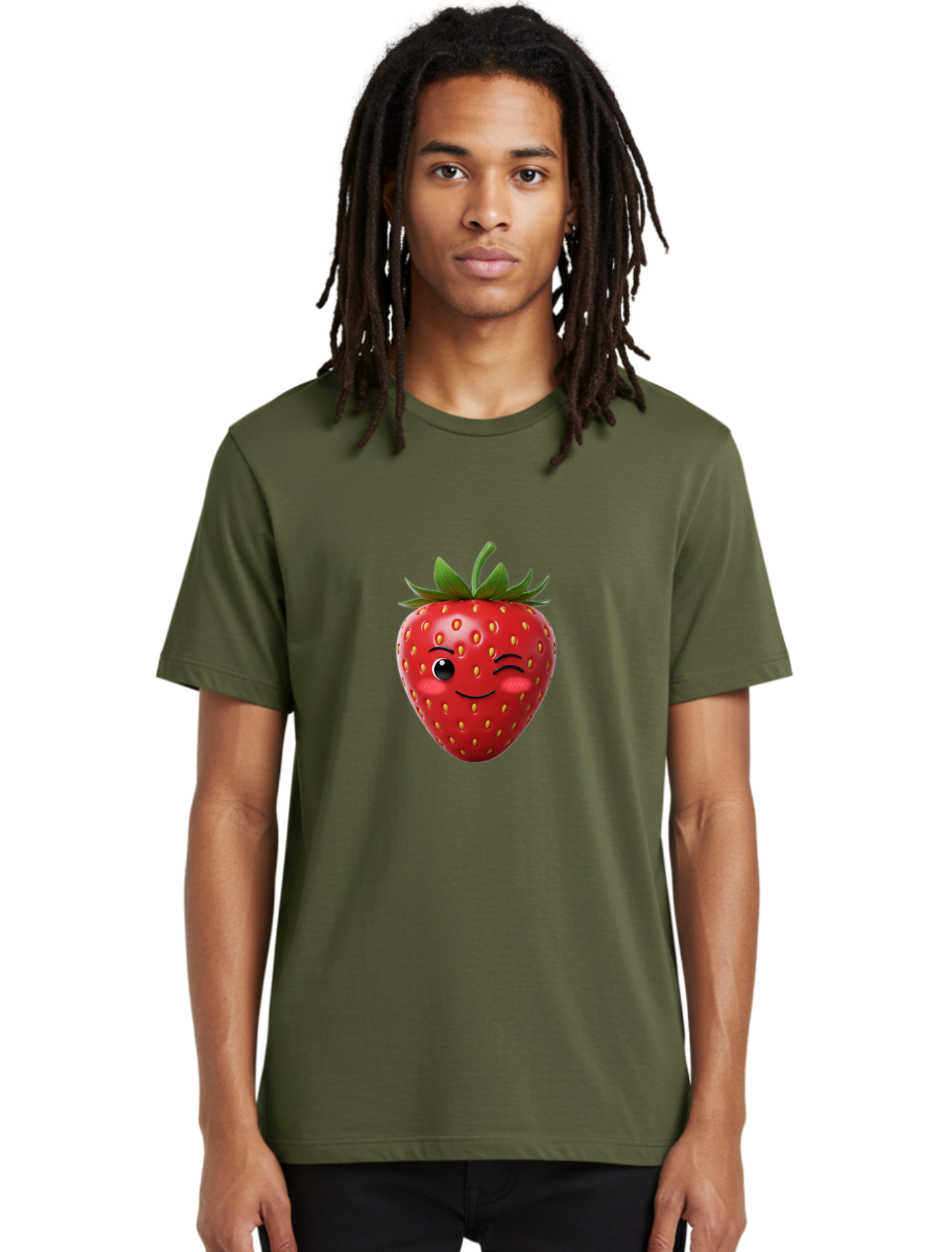 Winking-Strawberry-2 Men'S Graphic Tee, 100% Cotton, Comfortable Casual Summer Wear, Machine Washable, Winking Strawberry, Smiling Face, Cartoon Character, Fruit Illustration, Red Strawberry, Yellow Seeds, Green Leaves, Fun Design, Cute Emoji, Bac559