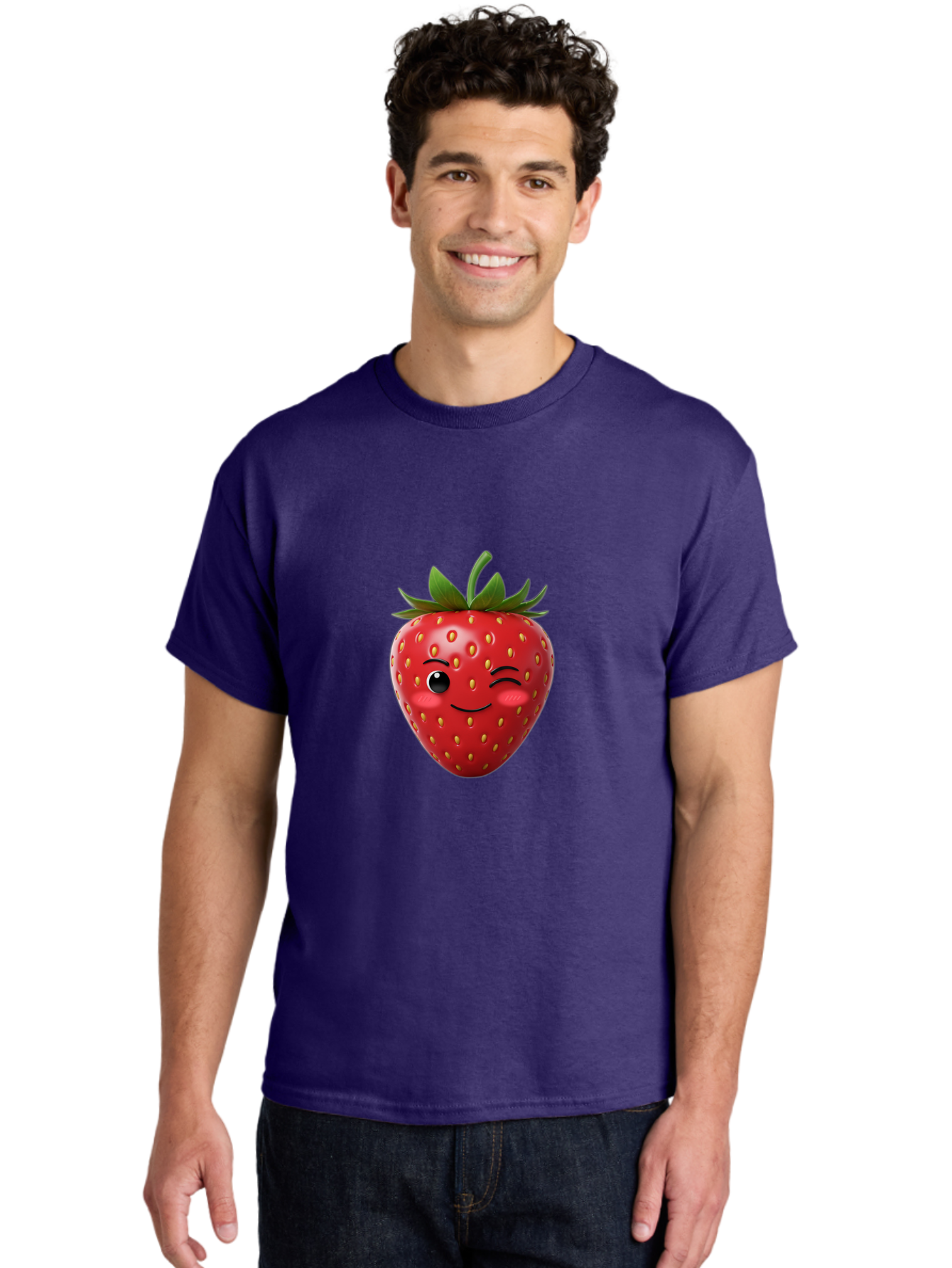 Winking-Strawberry-2 Men'S Graphic Tee, 100% Cotton, Comfortable Casual Summer Wear, Machine Washable, Winking Strawberry, Smiling Face, Cartoon Character, Fruit Illustration, Red Strawberry, Yellow Seeds, Green Leaves, Fun Design, Cute Emoji, Bac559