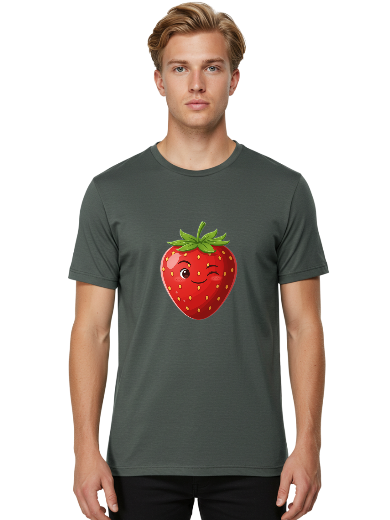 Winking-Strawberry-5 Men'S Graphic Tee, 100% Cotton, Comfortable Casual Summer Wear, Machine Washable, Strawberry With Face, Winking Strawberry, Cartoon Fruit, Smiling Fruit, Red Strawberry, Yellow Seeds, Green Leaves, Playful Character, Bac562