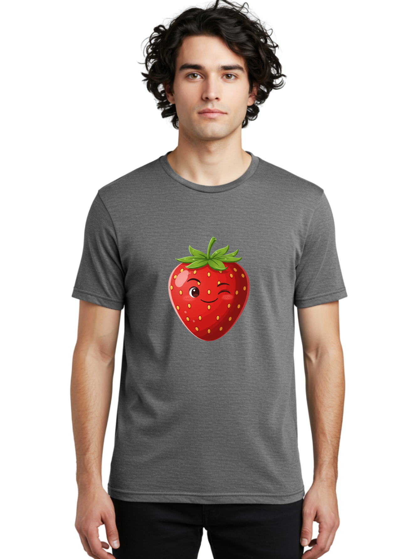 Winking-Strawberry-5 Men'S Graphic Tee, 100% Cotton, Comfortable Casual Summer Wear, Machine Washable, Strawberry With Face, Winking Strawberry, Cartoon Fruit, Smiling Fruit, Red Strawberry, Yellow Seeds, Green Leaves, Playful Character, Bac562