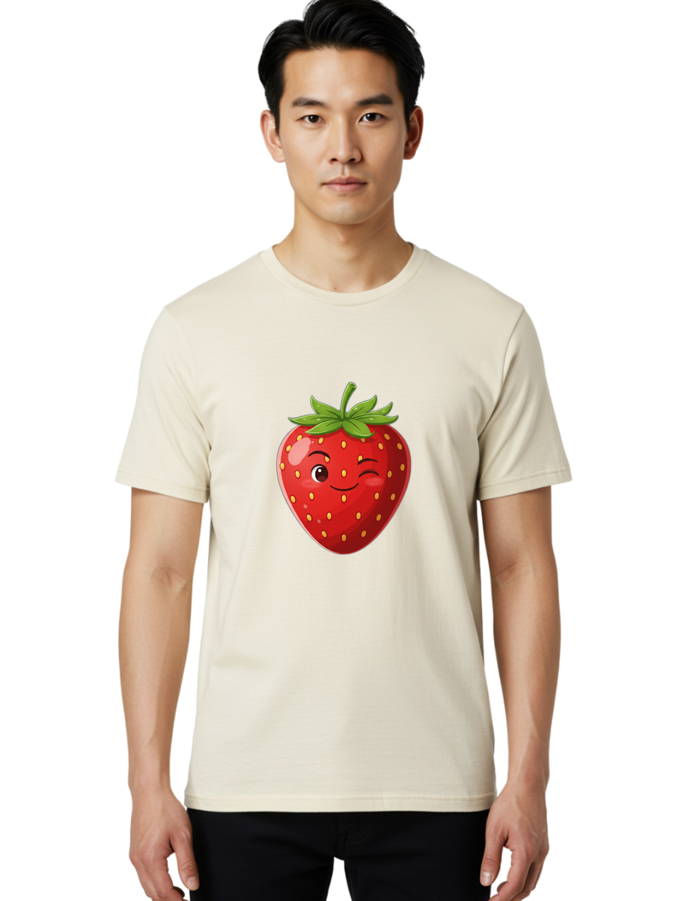 Winking-Strawberry-5 Men'S Graphic Tee, 100% Cotton, Comfortable Casual Summer Wear, Machine Washable, Strawberry With Face, Winking Strawberry, Cartoon Fruit, Smiling Fruit, Red Strawberry, Yellow Seeds, Green Leaves, Playful Character, Bac562