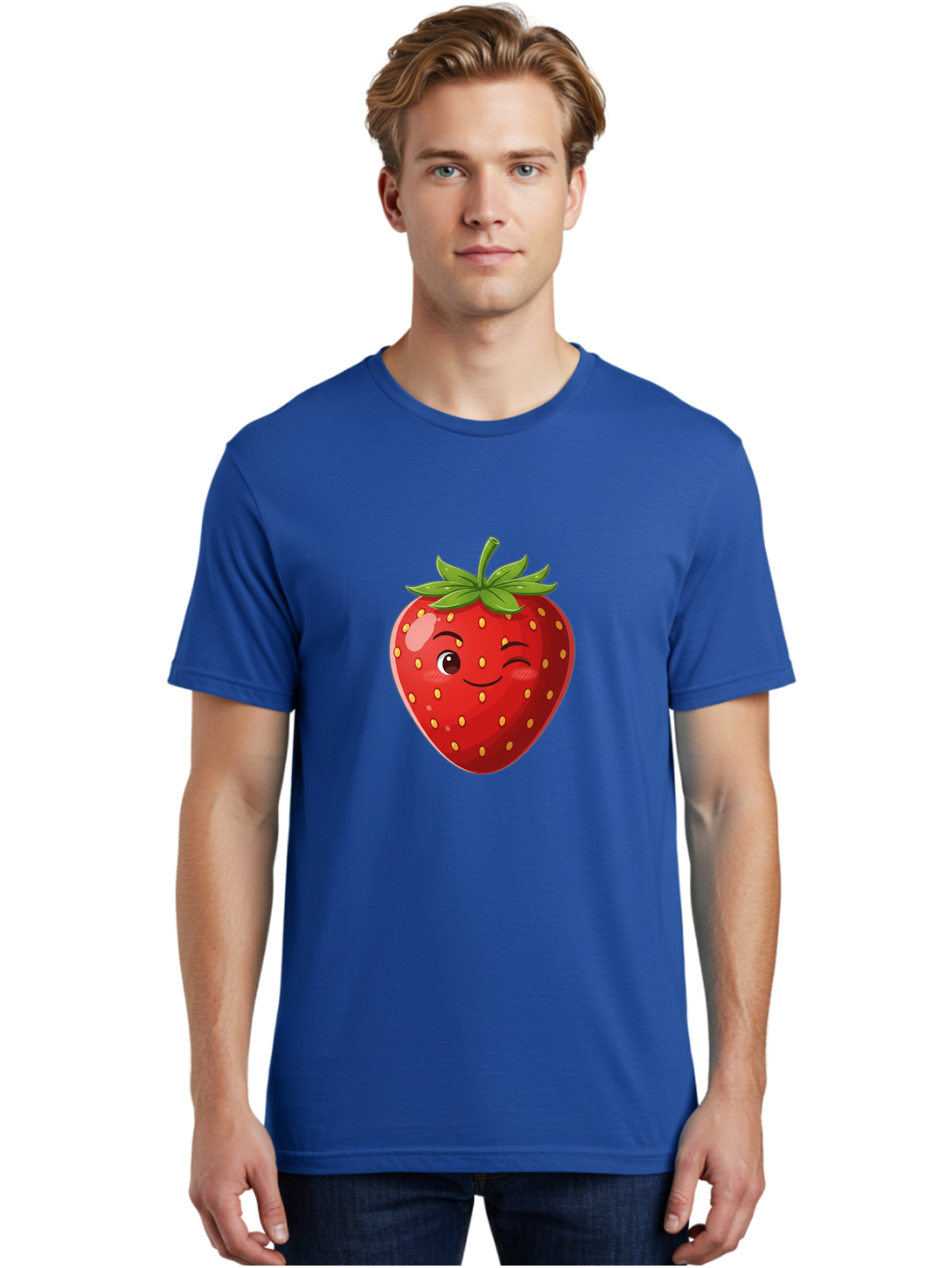Winking-Strawberry-5 Men'S Graphic Tee, 100% Cotton, Comfortable Casual Summer Wear, Machine Washable, Strawberry With Face, Winking Strawberry, Cartoon Fruit, Smiling Fruit, Red Strawberry, Yellow Seeds, Green Leaves, Playful Character, Bac562