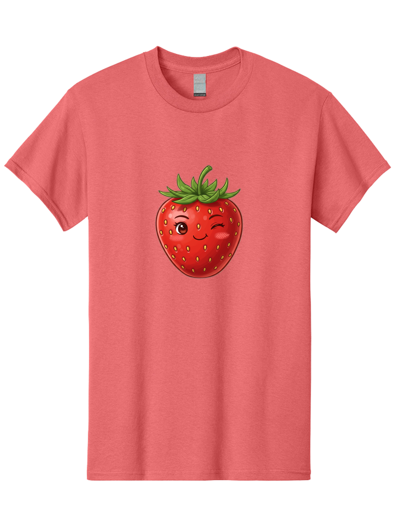 Winking-Strawberry-6 Men'S Graphic Tee, 100% Cotton, Comfortable Casual Summer Wear, Machine Washable, Winking Strawberry, Cartoon Fruit, Cute Face, Red Strawberry, Healthy Snack, Sweet Treat, Playful Emoji, Vibrant Red, Yellow Seeds, Bac563