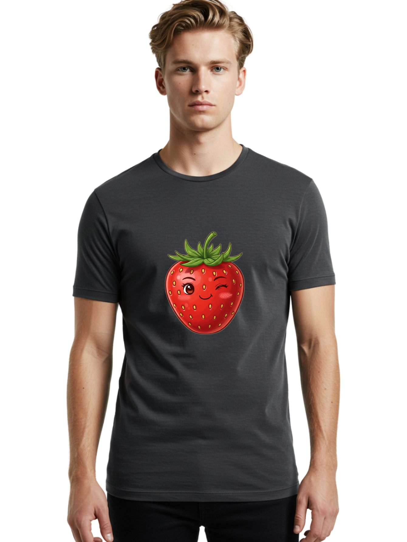 Winking-Strawberry-6 Men'S Graphic Tee, 100% Cotton, Comfortable Casual Summer Wear, Machine Washable, Winking Strawberry, Cartoon Fruit, Cute Face, Red Strawberry, Healthy Snack, Sweet Treat, Playful Emoji, Vibrant Red, Yellow Seeds, Bac563