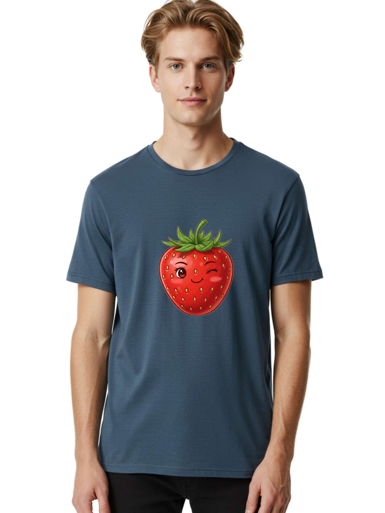 Winking-Strawberry-6 Men'S Graphic Tee, 100% Cotton, Comfortable Casual Summer Wear, Machine Washable, Winking Strawberry, Cartoon Fruit, Cute Face, Red Strawberry, Healthy Snack, Sweet Treat, Playful Emoji, Vibrant Red, Yellow Seeds, Bac563