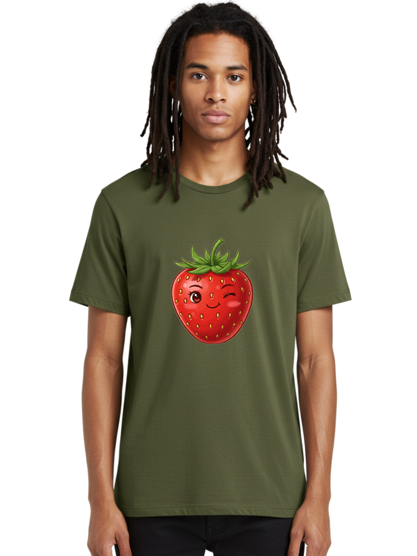 Winking-Strawberry-6 Men'S Graphic Tee, 100% Cotton, Comfortable Casual Summer Wear, Machine Washable, Winking Strawberry, Cartoon Fruit, Cute Face, Red Strawberry, Healthy Snack, Sweet Treat, Playful Emoji, Vibrant Red, Yellow Seeds, Bac563