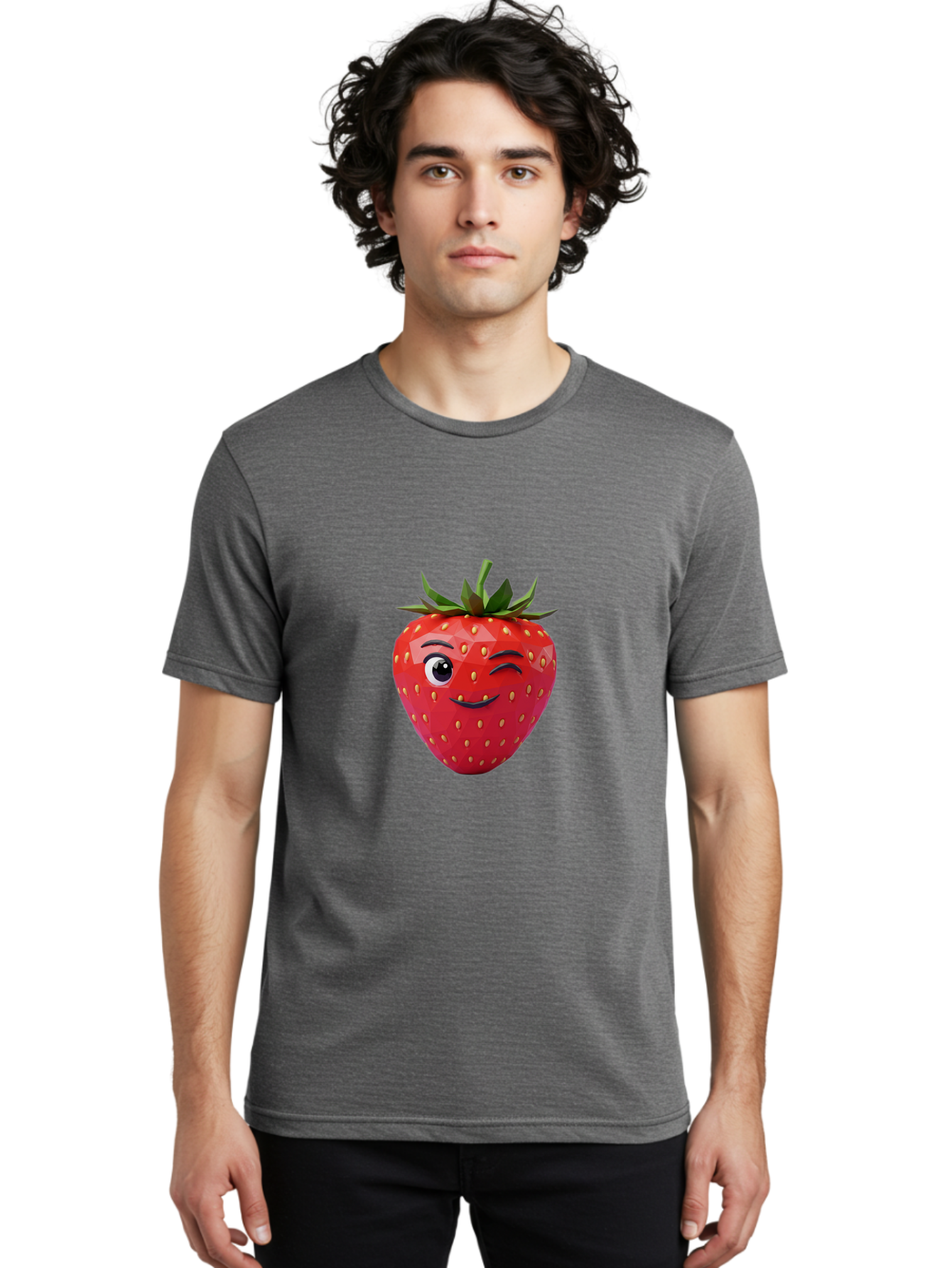 Winking-Strawberry-7 Men'S Graphic Tee, 100% Cotton, Comfortable Casual Summer Wear, Machine Washable, Winking Strawberry, Cute Strawberry, Cartoon Strawberry, Smiling Strawberry, Fruit Character, Adorable Fruit, Strawberry Face, Bac564