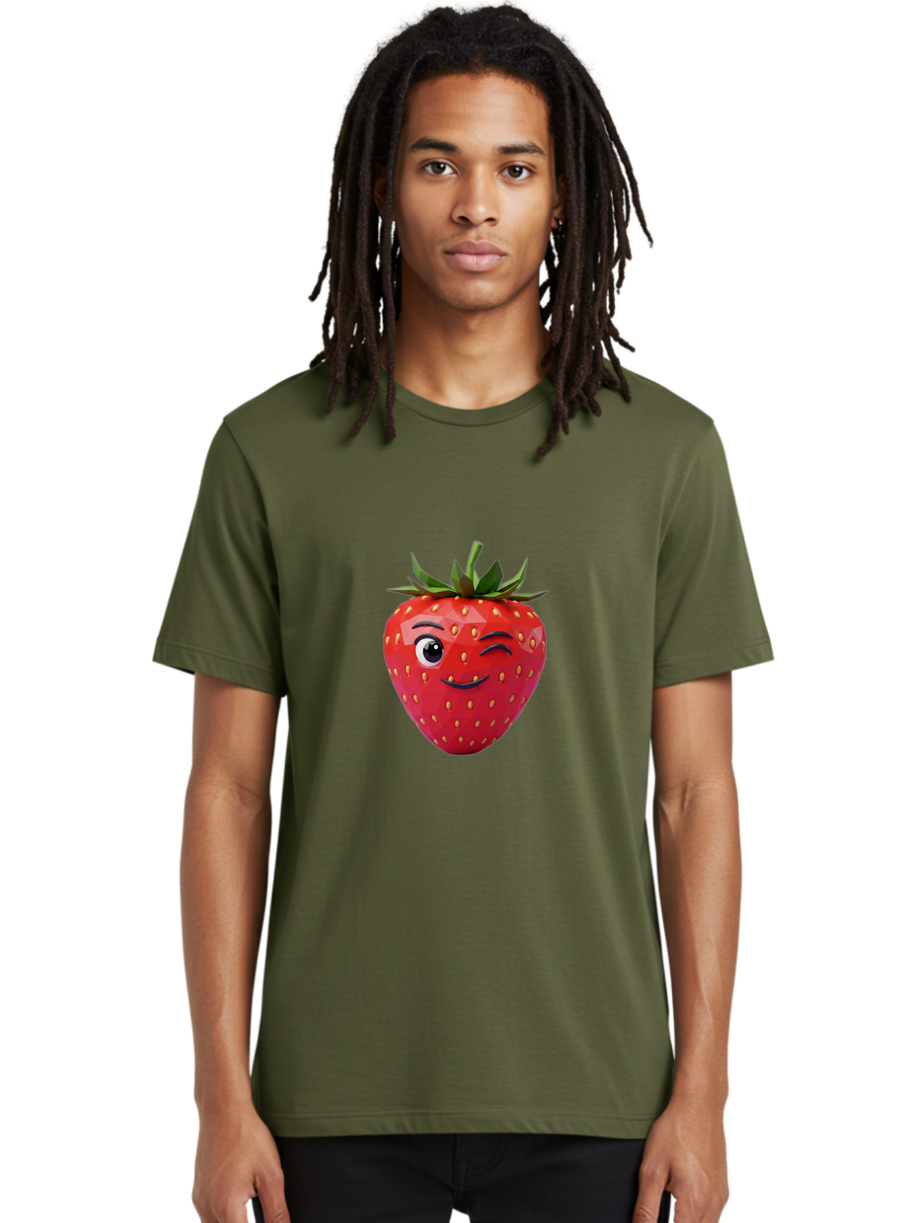 Winking-Strawberry-7 Men'S Graphic Tee, 100% Cotton, Comfortable Casual Summer Wear, Machine Washable, Winking Strawberry, Cute Strawberry, Cartoon Strawberry, Smiling Strawberry, Fruit Character, Adorable Fruit, Strawberry Face, Bac564