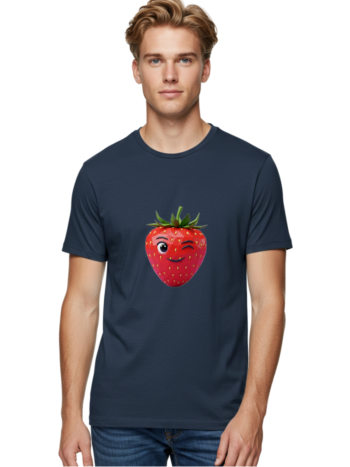 Winking-Strawberry-7 Men'S Graphic Tee, 100% Cotton, Comfortable Casual Summer Wear, Machine Washable, Winking Strawberry, Cute Strawberry, Cartoon Strawberry, Smiling Strawberry, Fruit Character, Adorable Fruit, Strawberry Face, Bac564