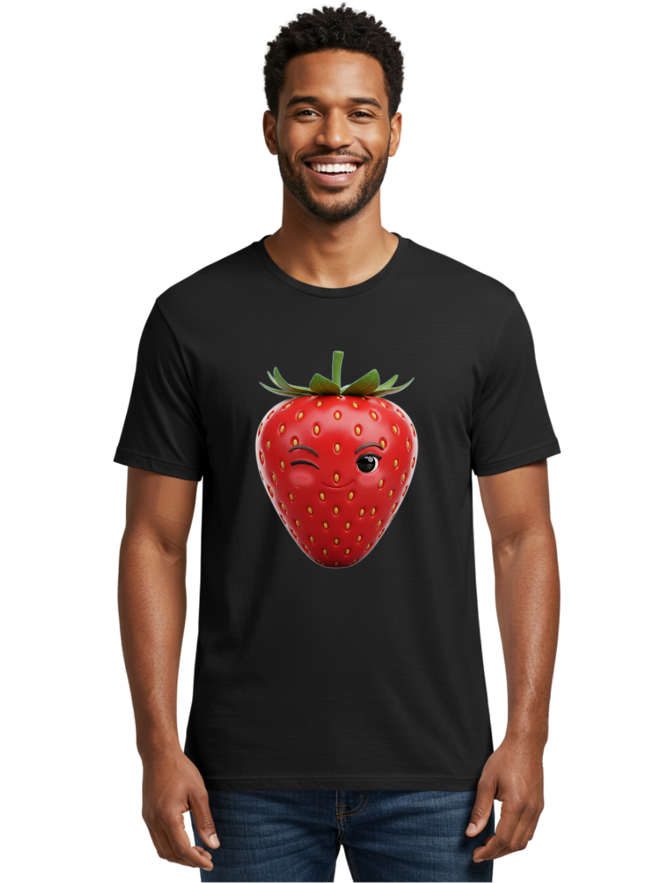 Winking-Strawberry-8 Men'S Graphic Tee, 100% Cotton, Comfortable Casual Summer Wear, Machine Washable, Cartoon Strawberry, Winking Face, Anthropomorphic Fruit, Red Fruit, Yellow Seeds, Green Leaves, Playful Expression, Whimsical Character, Bac565