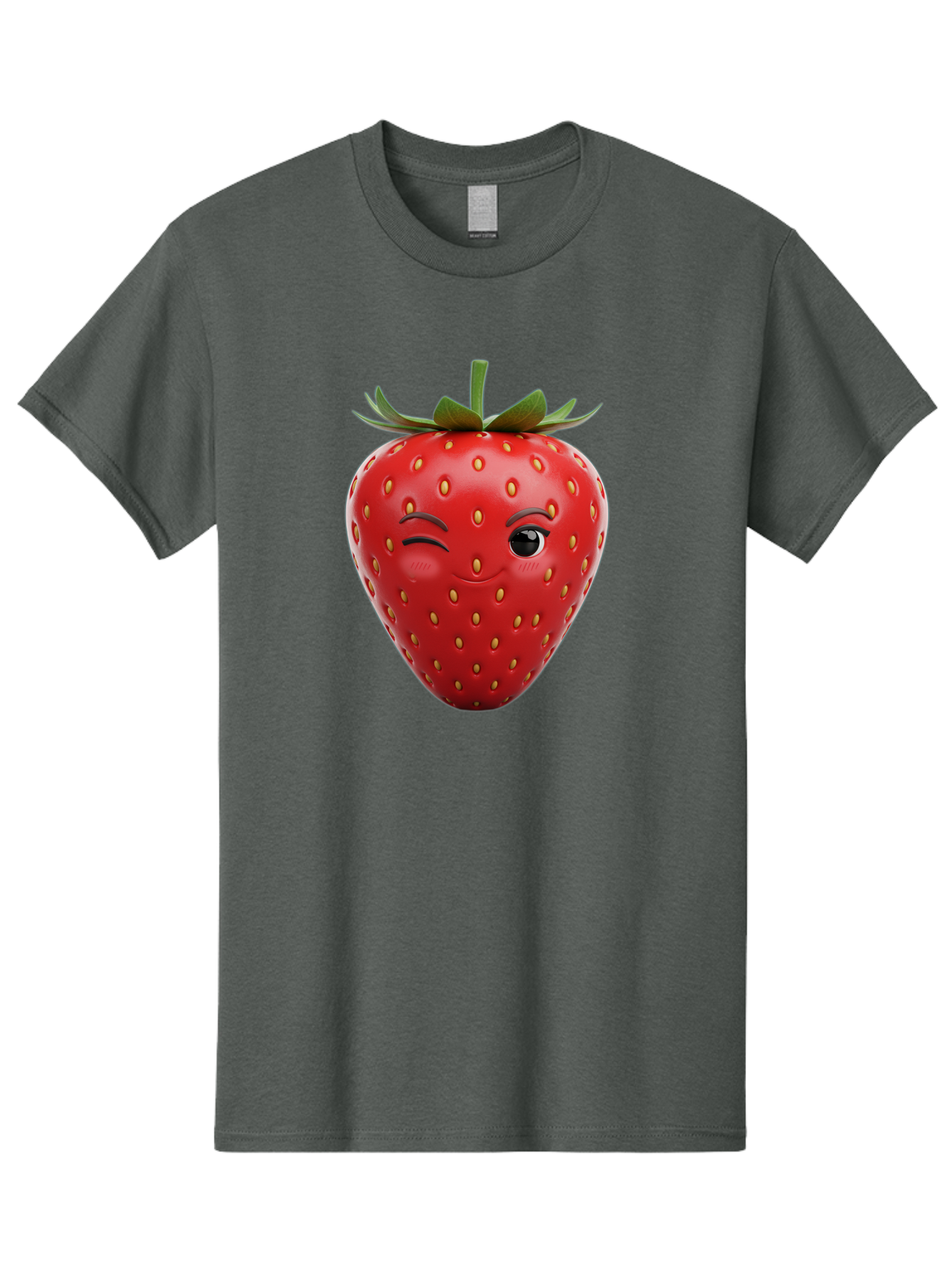 Winking-Strawberry-8 Men'S Graphic Tee, 100% Cotton, Comfortable Casual Summer Wear, Machine Washable, Cartoon Strawberry, Winking Face, Anthropomorphic Fruit, Red Fruit, Yellow Seeds, Green Leaves, Playful Expression, Whimsical Character, Bac565