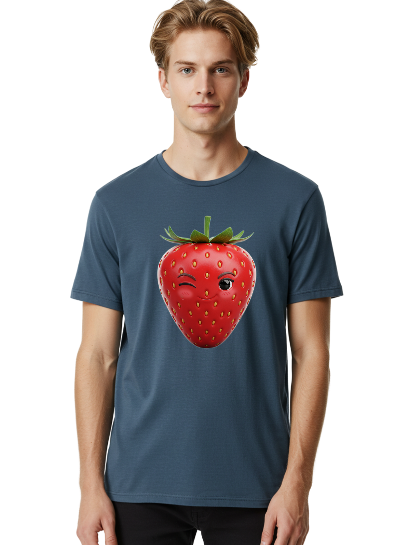 Winking-Strawberry-8 Men'S Graphic Tee, 100% Cotton, Comfortable Casual Summer Wear, Machine Washable, Cartoon Strawberry, Winking Face, Anthropomorphic Fruit, Red Fruit, Yellow Seeds, Green Leaves, Playful Expression, Whimsical Character, Bac565