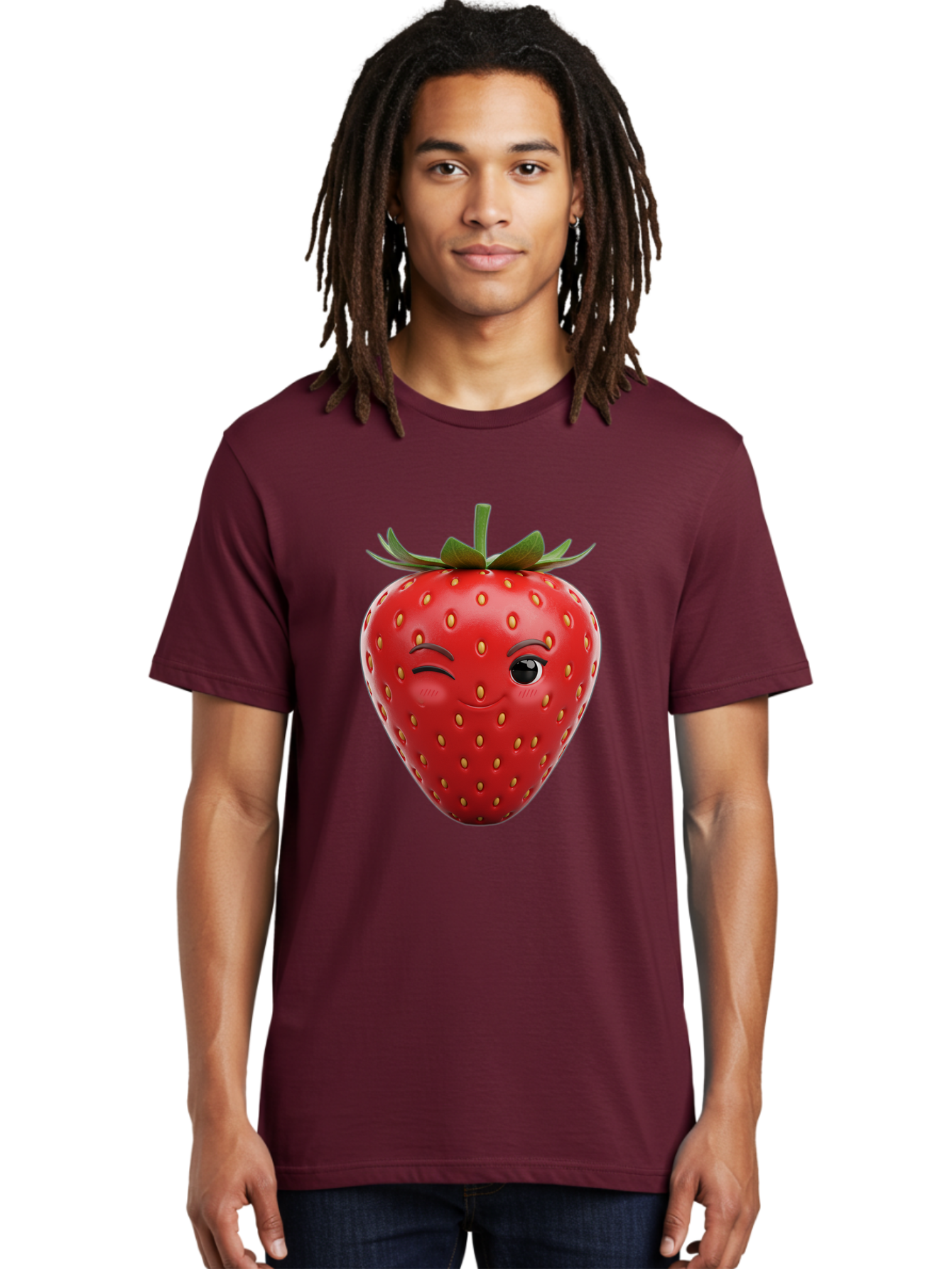 Winking-Strawberry-8 Men'S Graphic Tee, 100% Cotton, Comfortable Casual Summer Wear, Machine Washable, Cartoon Strawberry, Winking Face, Anthropomorphic Fruit, Red Fruit, Yellow Seeds, Green Leaves, Playful Expression, Whimsical Character, Bac565