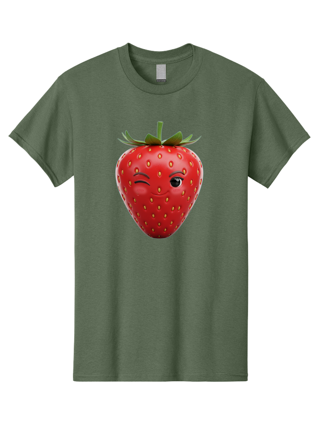 Winking-Strawberry-8 Men'S Graphic Tee, 100% Cotton, Comfortable Casual Summer Wear, Machine Washable, Cartoon Strawberry, Winking Face, Anthropomorphic Fruit, Red Fruit, Yellow Seeds, Green Leaves, Playful Expression, Whimsical Character, Bac565