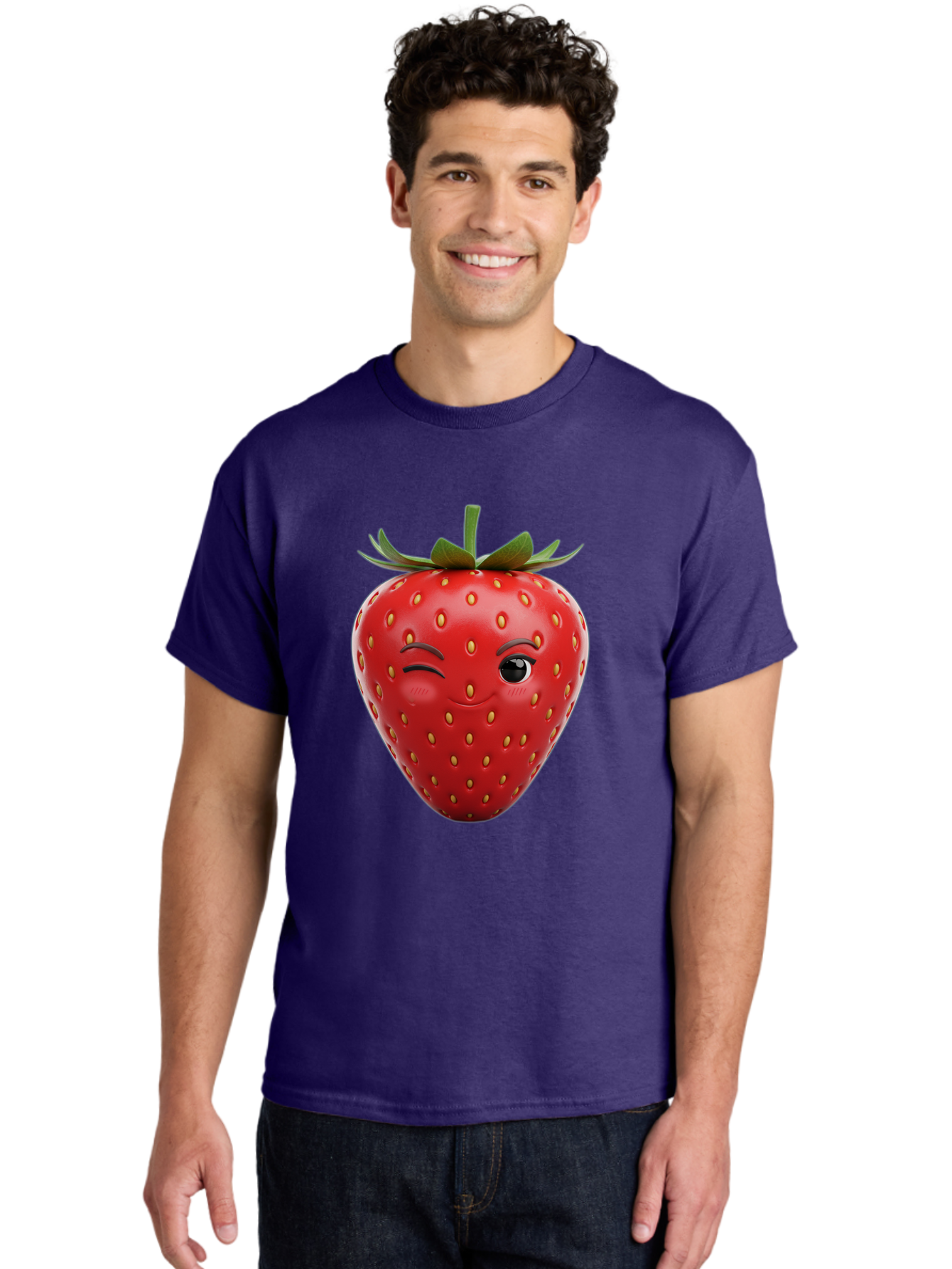 Winking-Strawberry-8 Men'S Graphic Tee, 100% Cotton, Comfortable Casual Summer Wear, Machine Washable, Cartoon Strawberry, Winking Face, Anthropomorphic Fruit, Red Fruit, Yellow Seeds, Green Leaves, Playful Expression, Whimsical Character, Bac565