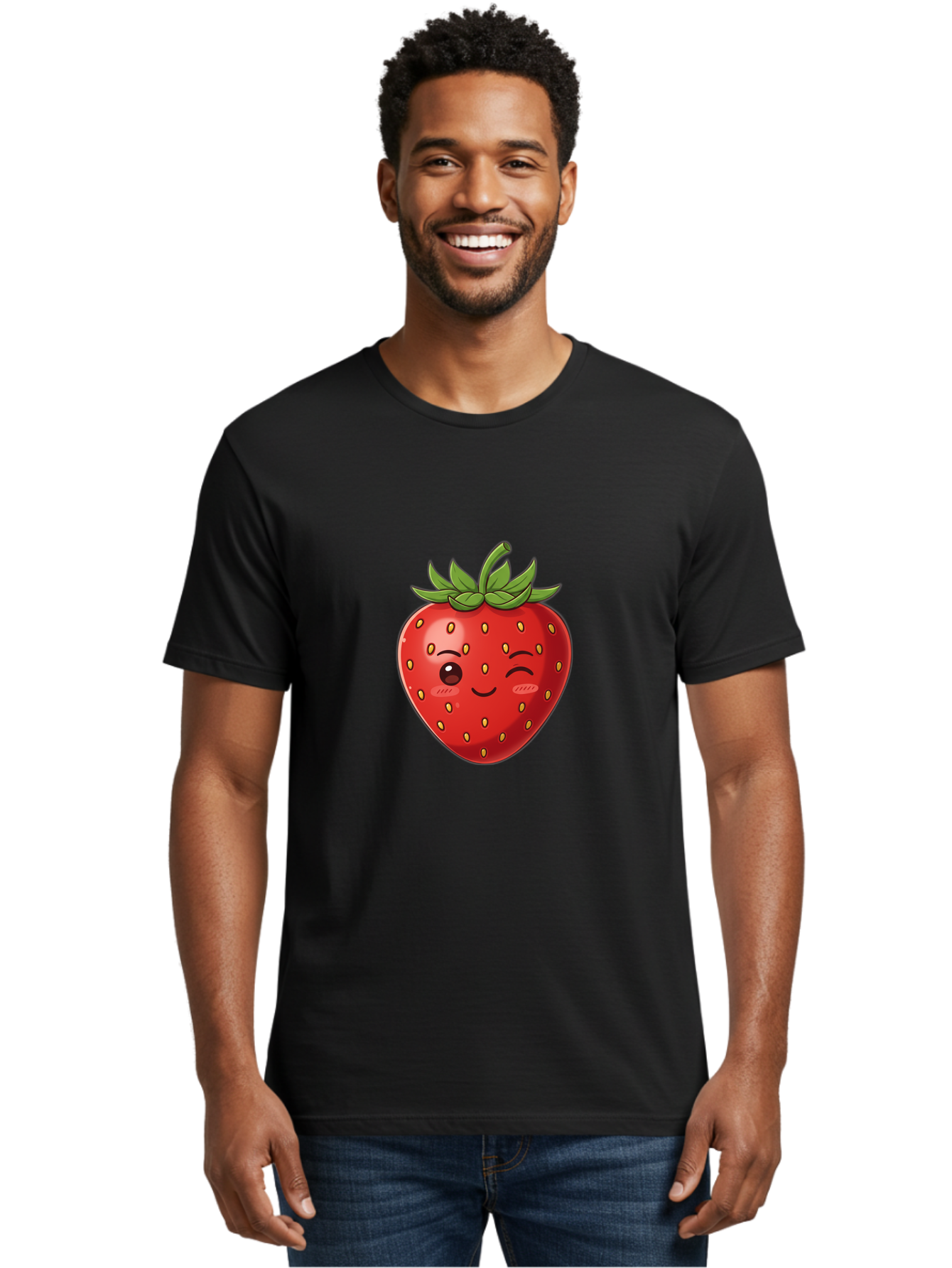 Winking-Strawberry-9 Men'S Graphic Tee, 100% Cotton, Comfortable Casual Summer Wear, Machine Washable, Cartoon Strawberry, Winking Face, Playful Fruit, Kawaii Character, Sweet Illustration, Vibrant Red, Yellow Seeds, Green Leaves, Bac566