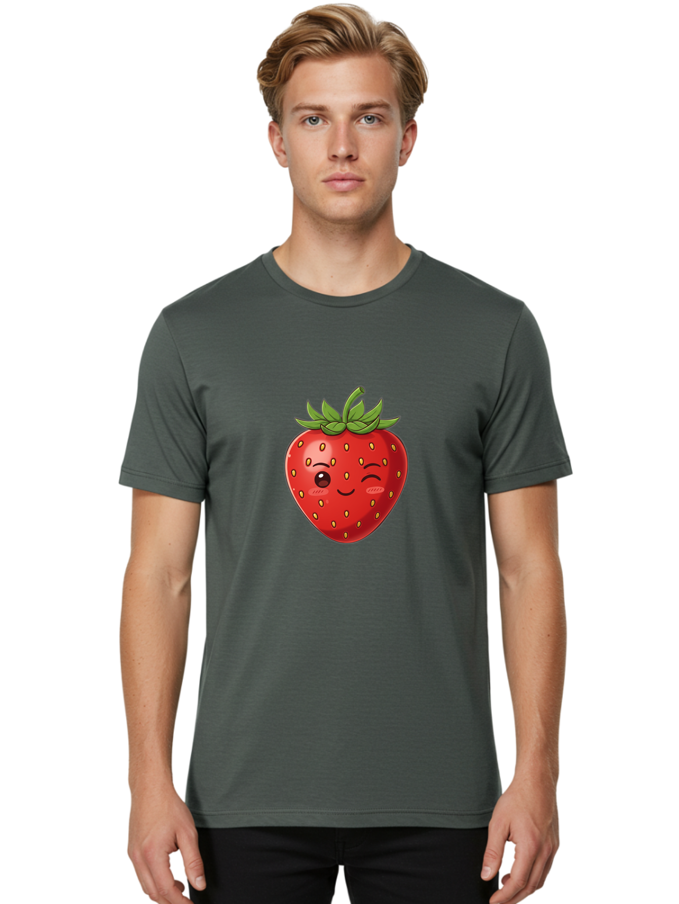 Winking-Strawberry-9 Men'S Graphic Tee, 100% Cotton, Comfortable Casual Summer Wear, Machine Washable, Cartoon Strawberry, Winking Face, Playful Fruit, Kawaii Character, Sweet Illustration, Vibrant Red, Yellow Seeds, Green Leaves, Bac566