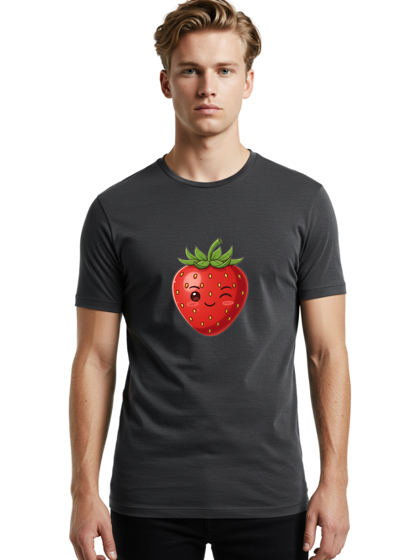 Winking-Strawberry-9 Men'S Graphic Tee, 100% Cotton, Comfortable Casual Summer Wear, Machine Washable, Cartoon Strawberry, Winking Face, Playful Fruit, Kawaii Character, Sweet Illustration, Vibrant Red, Yellow Seeds, Green Leaves, Bac566