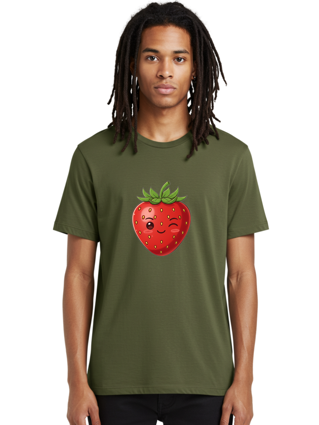Winking-Strawberry-9 Men'S Graphic Tee, 100% Cotton, Comfortable Casual Summer Wear, Machine Washable, Cartoon Strawberry, Winking Face, Playful Fruit, Kawaii Character, Sweet Illustration, Vibrant Red, Yellow Seeds, Green Leaves, Bac566