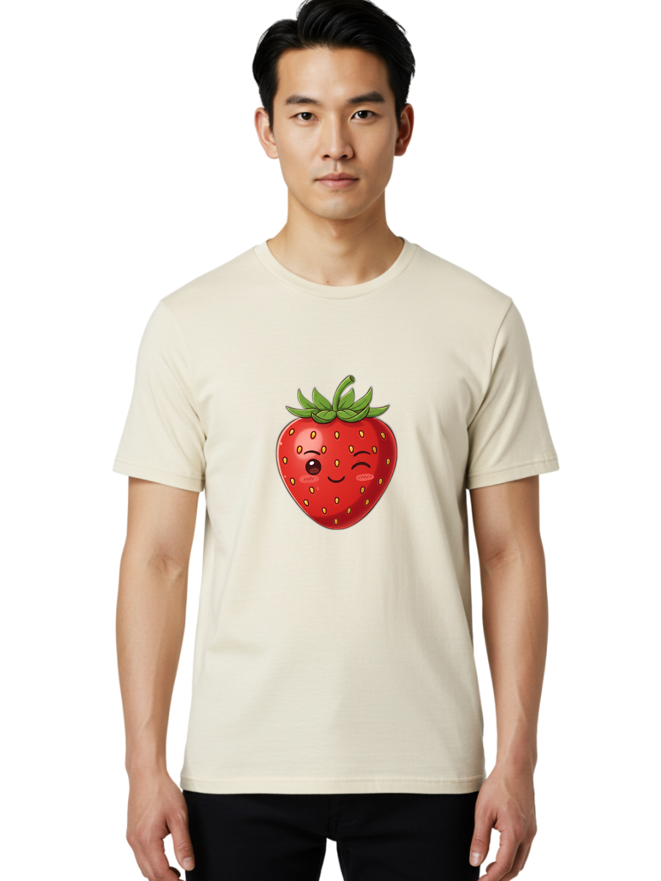 Winking-Strawberry-9 Men'S Graphic Tee, 100% Cotton, Comfortable Casual Summer Wear, Machine Washable, Cartoon Strawberry, Winking Face, Playful Fruit, Kawaii Character, Sweet Illustration, Vibrant Red, Yellow Seeds, Green Leaves, Bac566