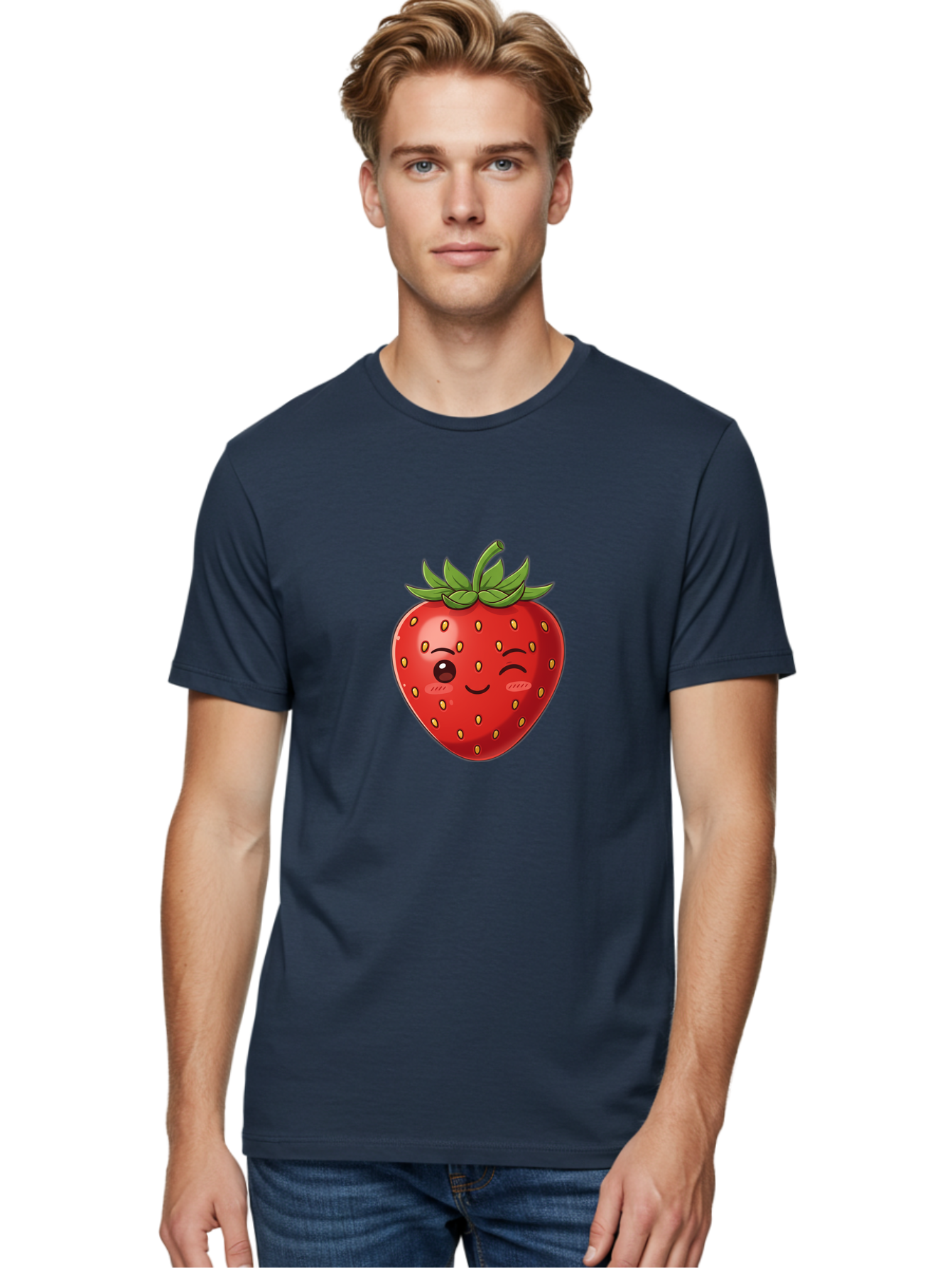 Winking-Strawberry-9 Men'S Graphic Tee, 100% Cotton, Comfortable Casual Summer Wear, Machine Washable, Cartoon Strawberry, Winking Face, Playful Fruit, Kawaii Character, Sweet Illustration, Vibrant Red, Yellow Seeds, Green Leaves, Bac566