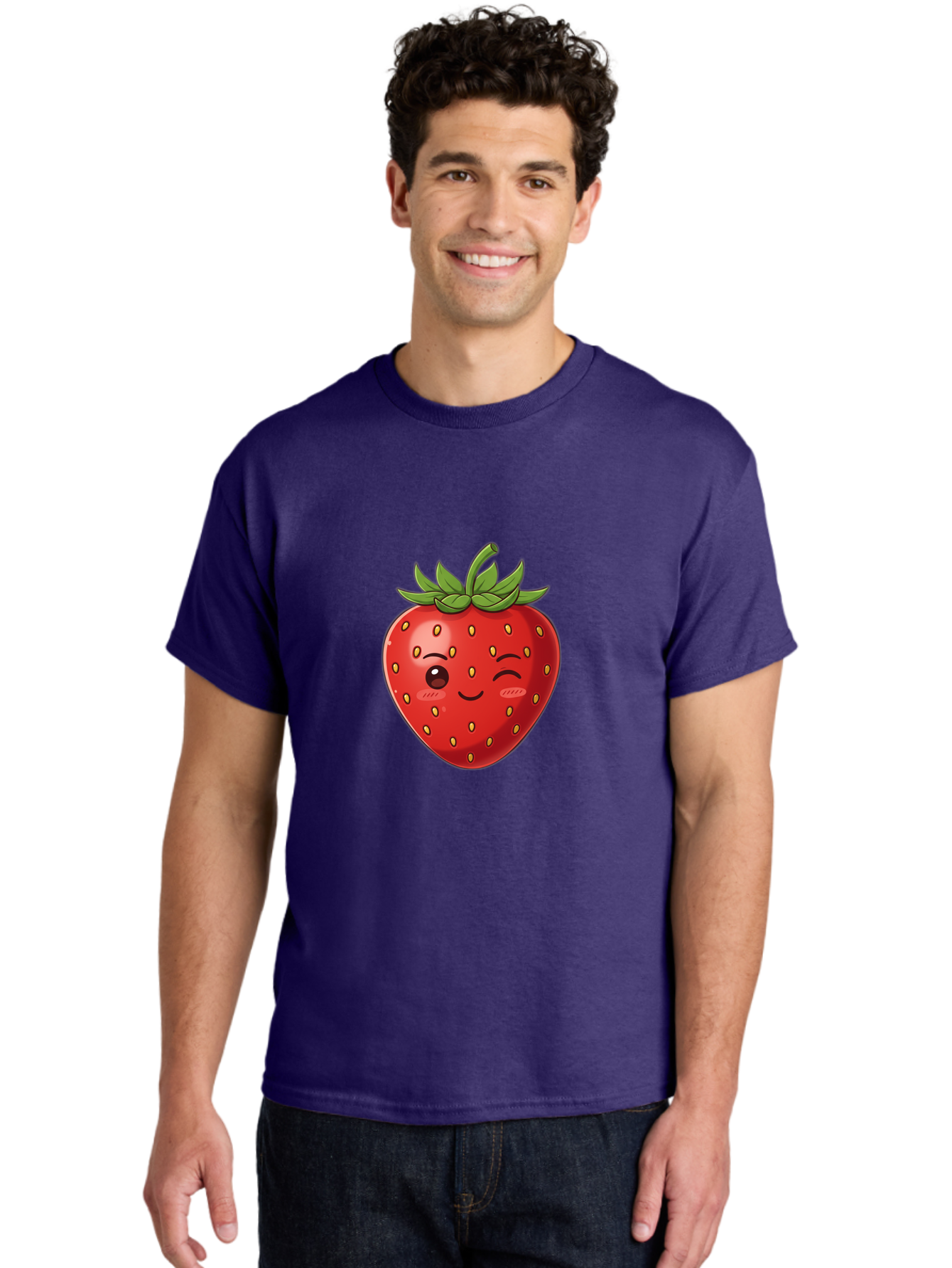 Winking-Strawberry-9 Men'S Graphic Tee, 100% Cotton, Comfortable Casual Summer Wear, Machine Washable, Cartoon Strawberry, Winking Face, Playful Fruit, Kawaii Character, Sweet Illustration, Vibrant Red, Yellow Seeds, Green Leaves, Bac566