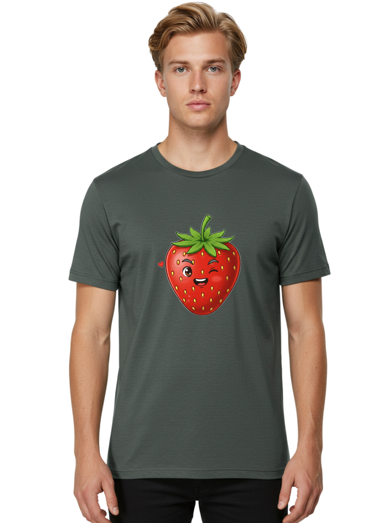 Winking-Strawberry Men'S Graphic Tee, 100% Cotton, Comfortable Casual Summer Wear, Machine Washable, Cartoon Strawberry, Winking Face, Cute Character, Red Fruit, Green Leaves, Yellow Seeds, Playful Vibe, Sweet Treat, Kawaii Icon, Bac567