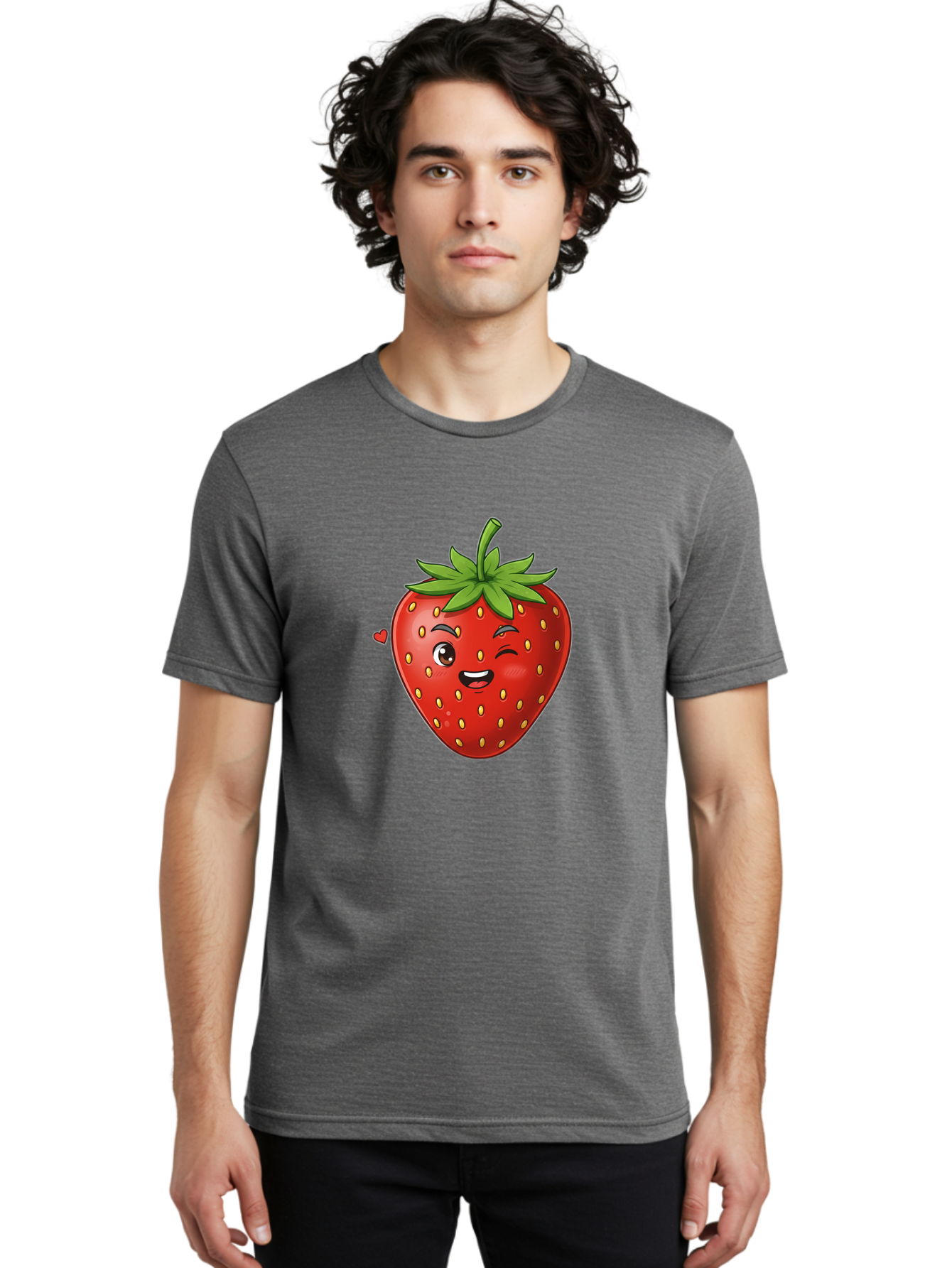 Winking-Strawberry Men'S Graphic Tee, 100% Cotton, Comfortable Casual Summer Wear, Machine Washable, Cartoon Strawberry, Winking Face, Cute Character, Red Fruit, Green Leaves, Yellow Seeds, Playful Vibe, Sweet Treat, Kawaii Icon, Bac567