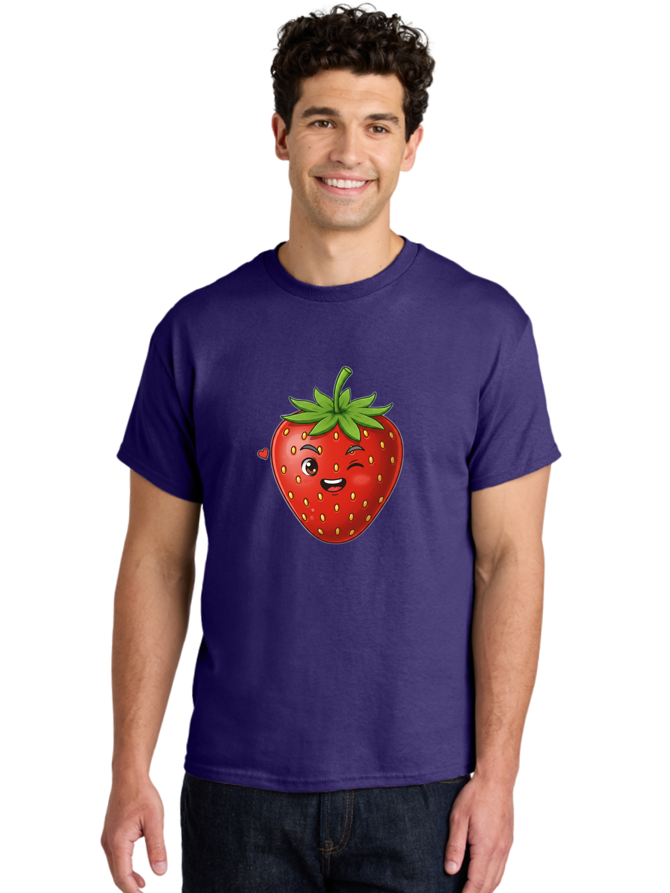 Winking-Strawberry Men'S Graphic Tee, 100% Cotton, Comfortable Casual Summer Wear, Machine Washable, Cartoon Strawberry, Winking Face, Cute Character, Red Fruit, Green Leaves, Yellow Seeds, Playful Vibe, Sweet Treat, Kawaii Icon, Bac567