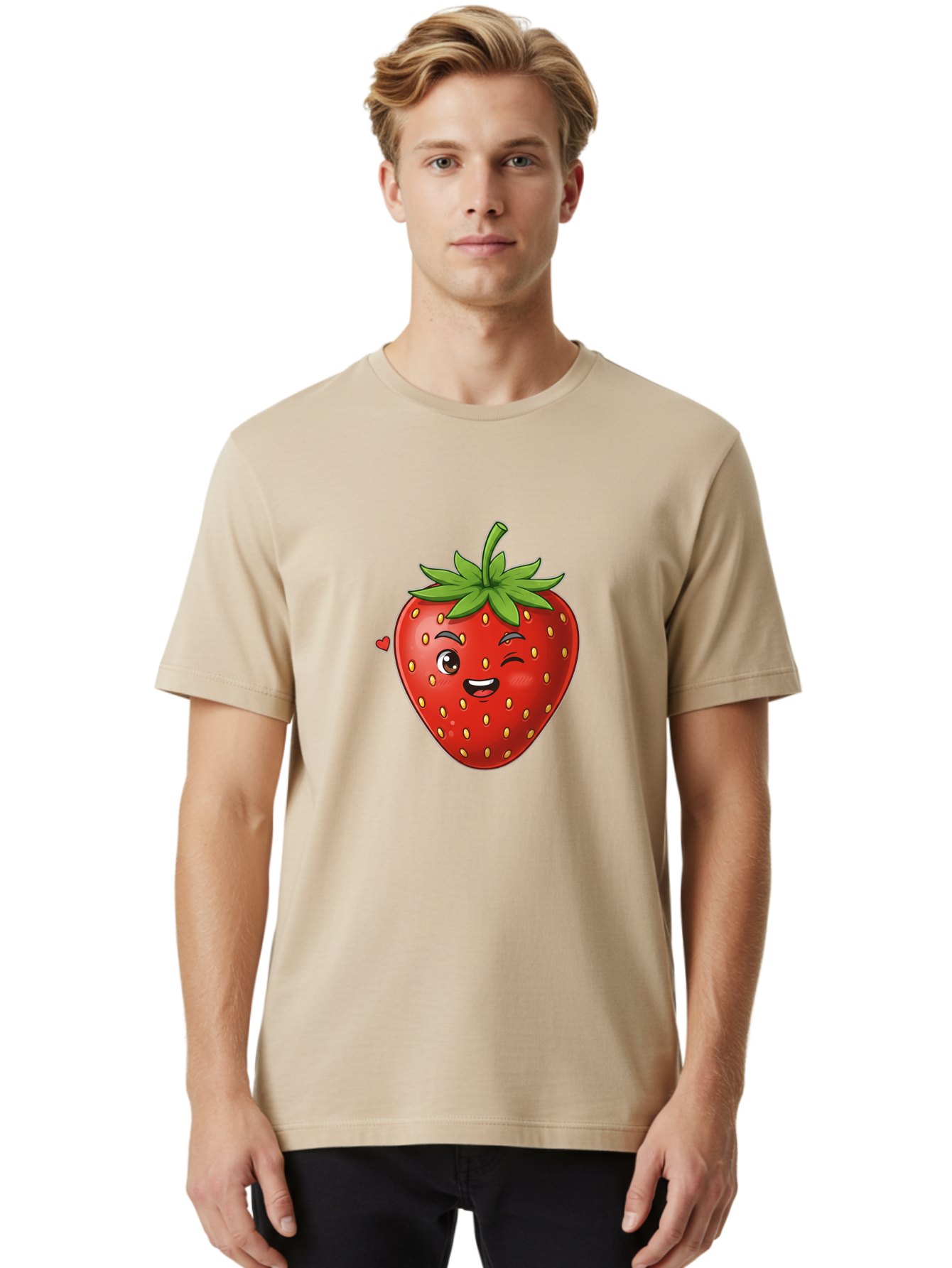 Winking-Strawberry Men'S Graphic Tee, 100% Cotton, Comfortable Casual Summer Wear, Machine Washable, Cartoon Strawberry, Winking Face, Cute Character, Red Fruit, Green Leaves, Yellow Seeds, Playful Vibe, Sweet Treat, Kawaii Icon, Bac567