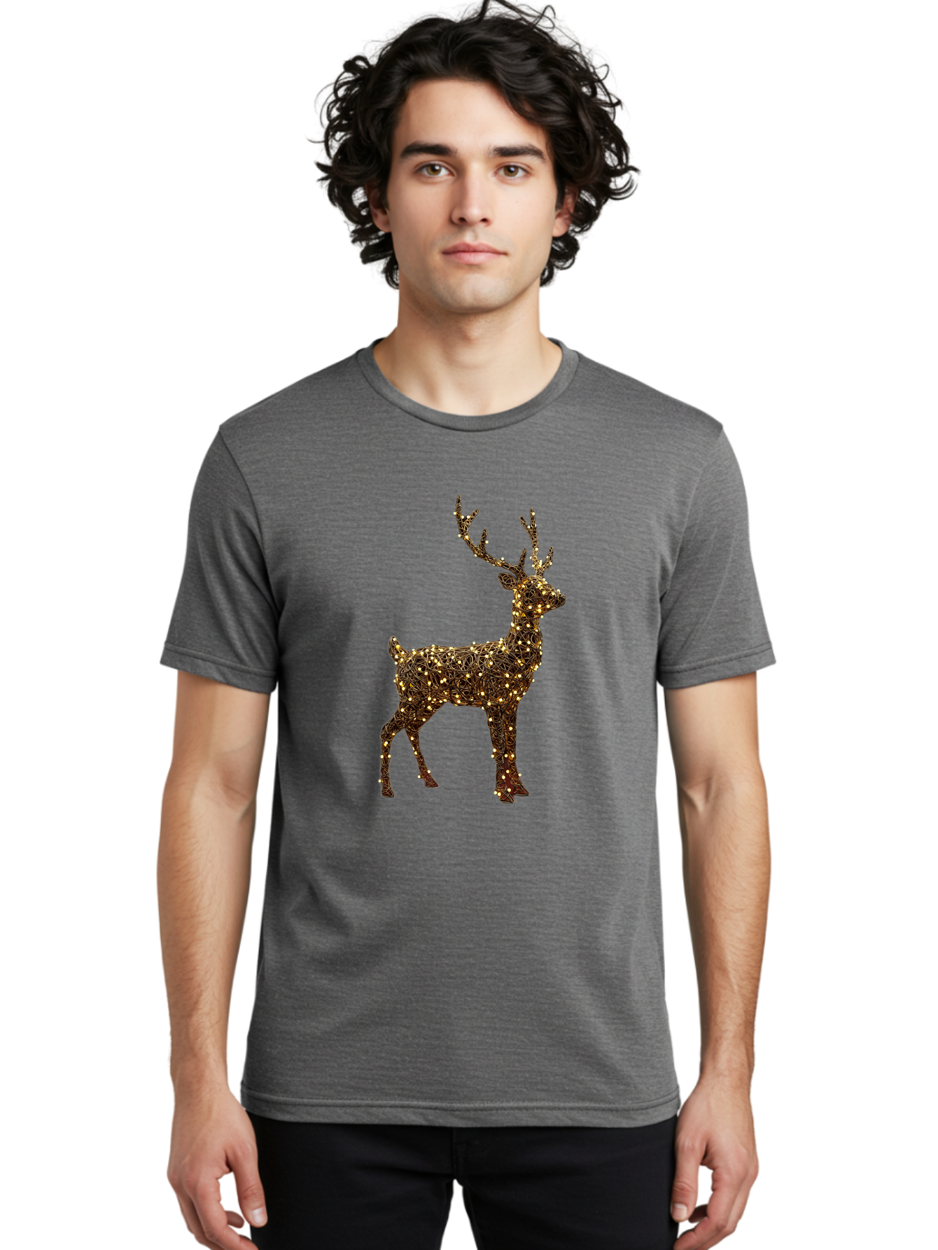 Wire-Reindeer Men'S Graphic Tee, 100% Cotton, Comfortable Casual Summer Wear, Machine Washable, Reindeer Decoration, Christmas Lights, Festive Decor, Holiday Display, Glowing Reindeer, Christmas Decoration, Outdoor Decor, Winter Wonderland Bac568