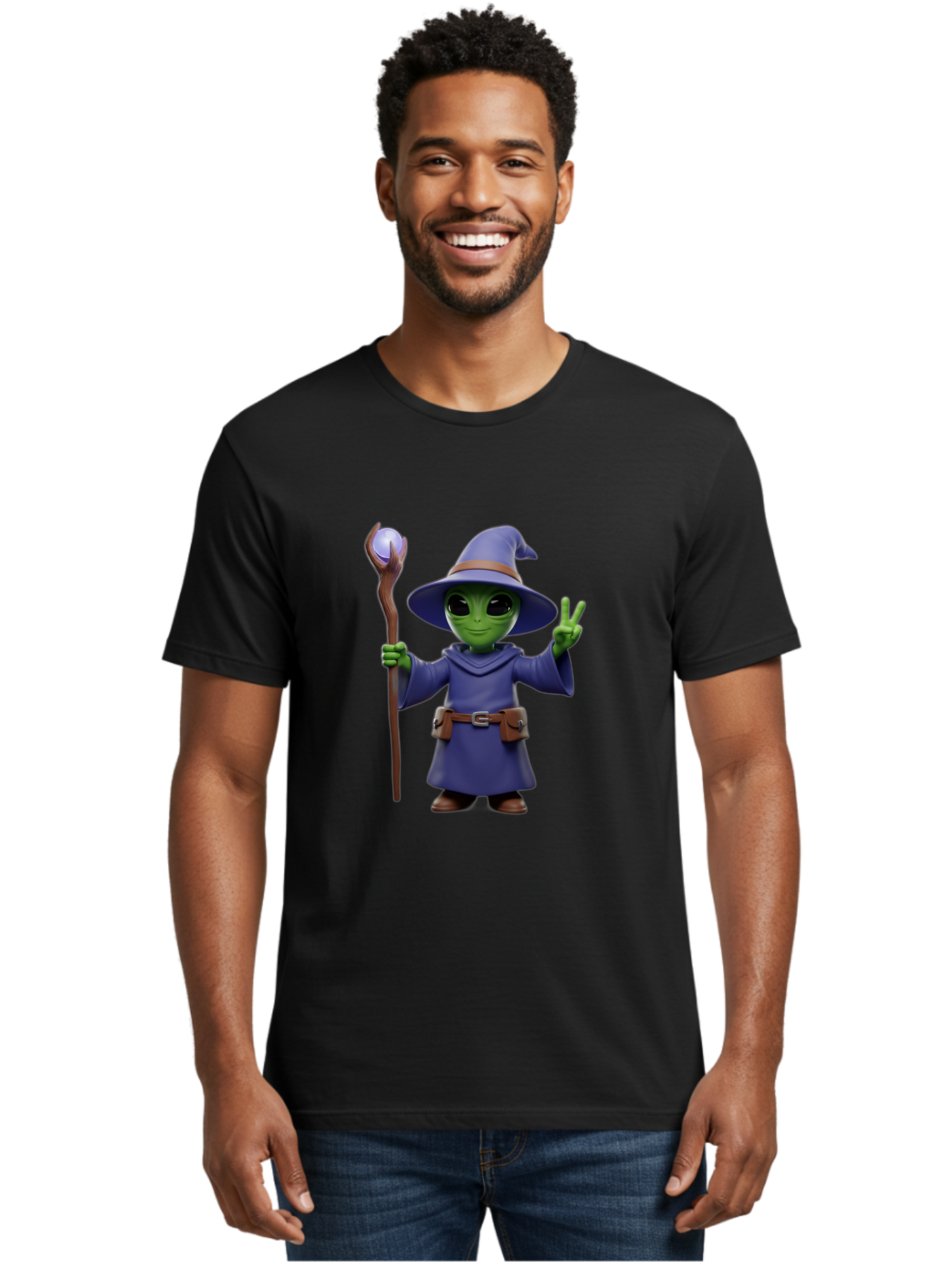 Wizard-Alien Men'S Graphic Tee, 100% Cotton, Comfortable Casual Summer Wear, Machine Washable, Cartoon Wizard, Alien Character, Fantasy Creature, Green Skin, Purple Robes, Magic Staff, Peace Sign, Mystical Powers, Otherworldly Being, Bac569