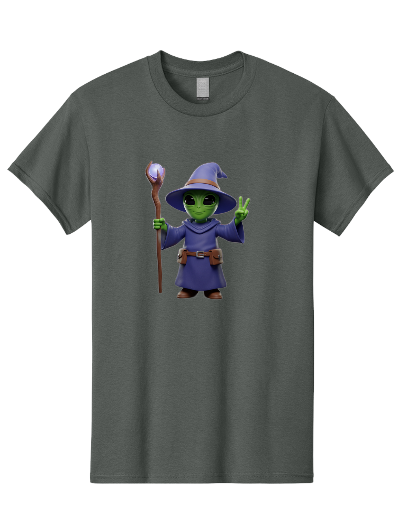 Wizard-Alien Men'S Graphic Tee, 100% Cotton, Comfortable Casual Summer Wear, Machine Washable, Cartoon Wizard, Alien Character, Fantasy Creature, Green Skin, Purple Robes, Magic Staff, Peace Sign, Mystical Powers, Otherworldly Being, Bac569