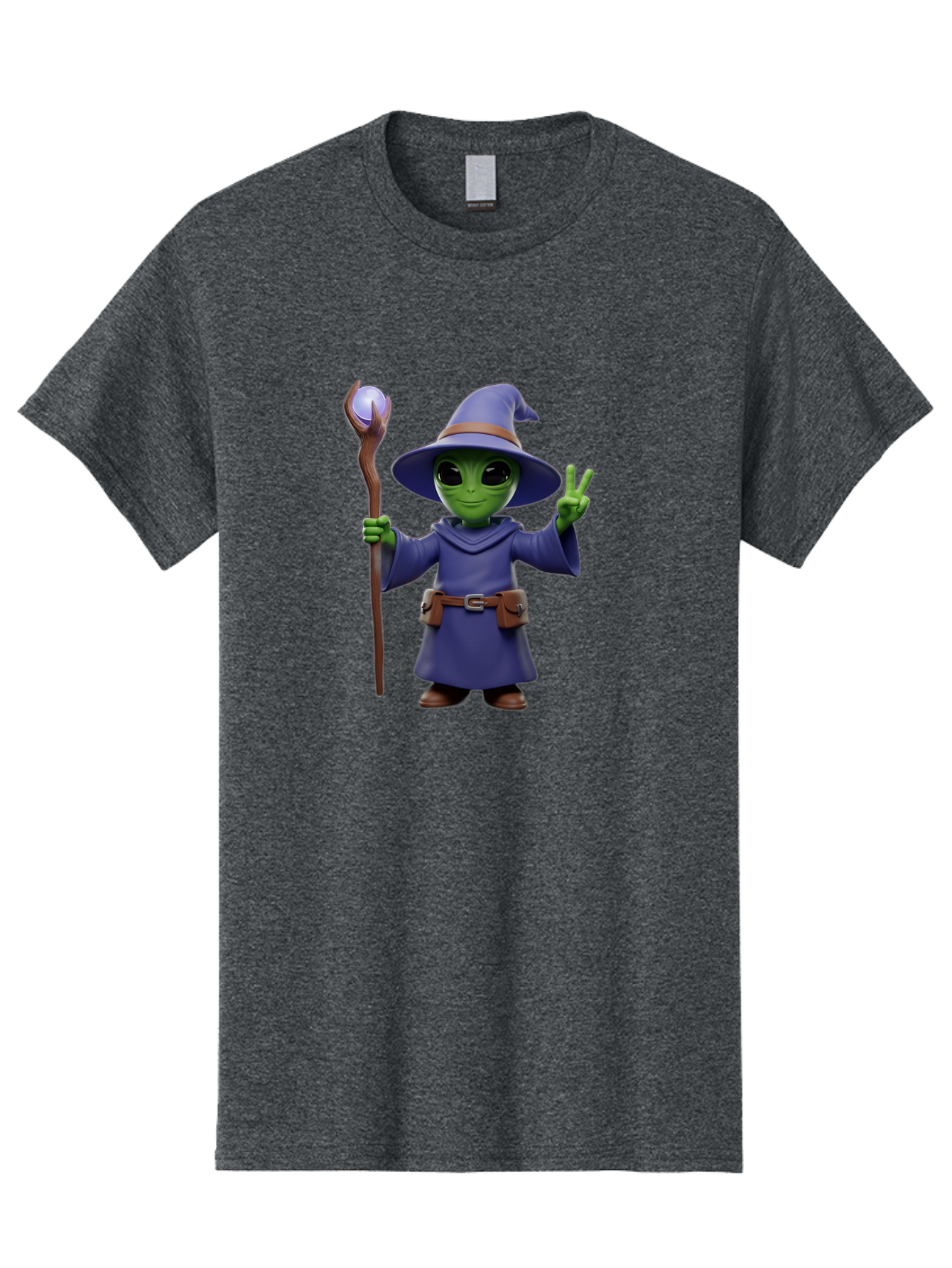 Wizard-Alien Men'S Graphic Tee, 100% Cotton, Comfortable Casual Summer Wear, Machine Washable, Cartoon Wizard, Alien Character, Fantasy Creature, Green Skin, Purple Robes, Magic Staff, Peace Sign, Mystical Powers, Otherworldly Being, Bac569