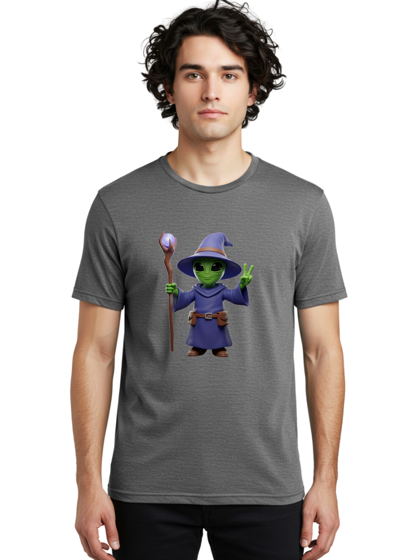Wizard-Alien Men'S Graphic Tee, 100% Cotton, Comfortable Casual Summer Wear, Machine Washable, Cartoon Wizard, Alien Character, Fantasy Creature, Green Skin, Purple Robes, Magic Staff, Peace Sign, Mystical Powers, Otherworldly Being, Bac569