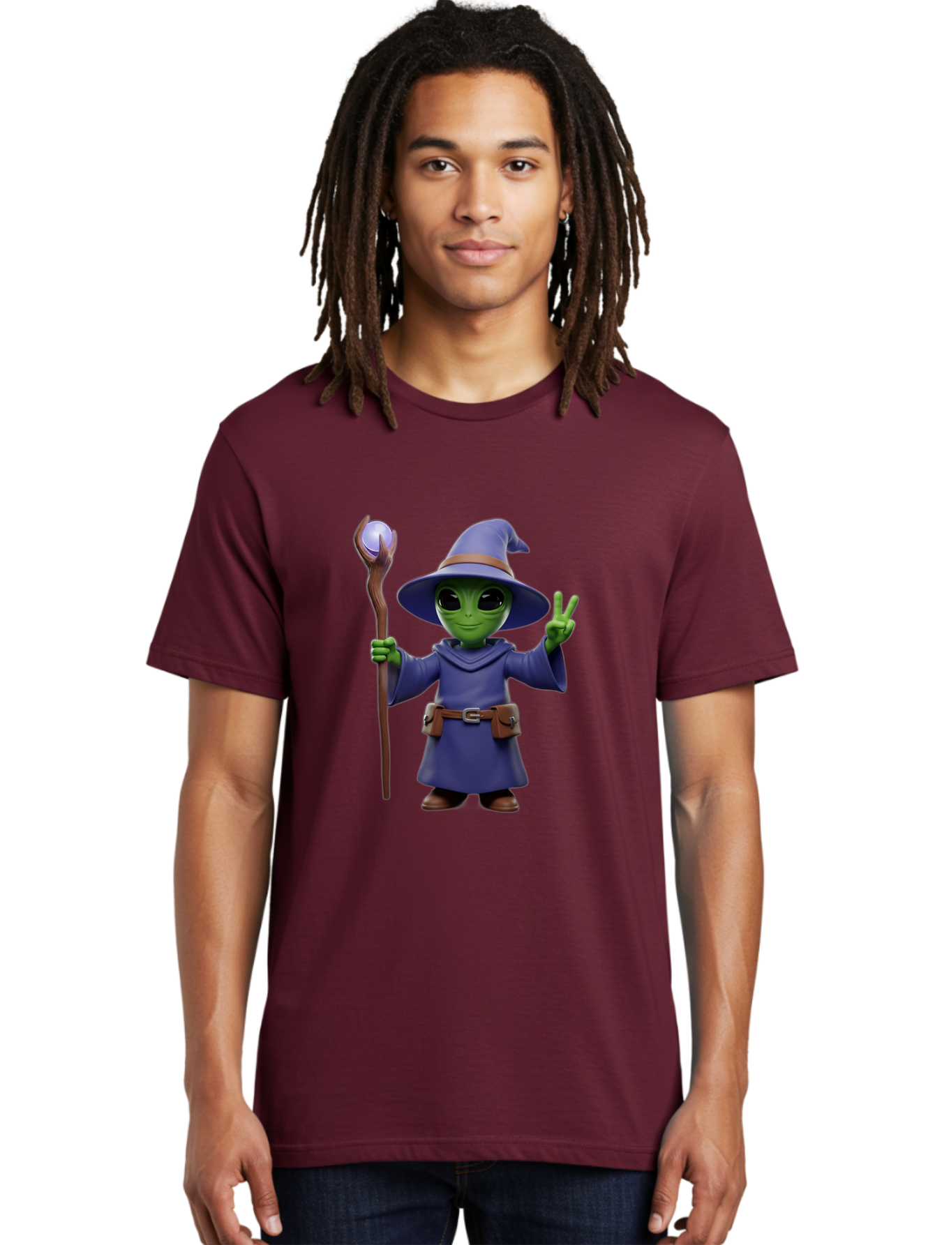 Wizard-Alien Men'S Graphic Tee, 100% Cotton, Comfortable Casual Summer Wear, Machine Washable, Cartoon Wizard, Alien Character, Fantasy Creature, Green Skin, Purple Robes, Magic Staff, Peace Sign, Mystical Powers, Otherworldly Being, Bac569