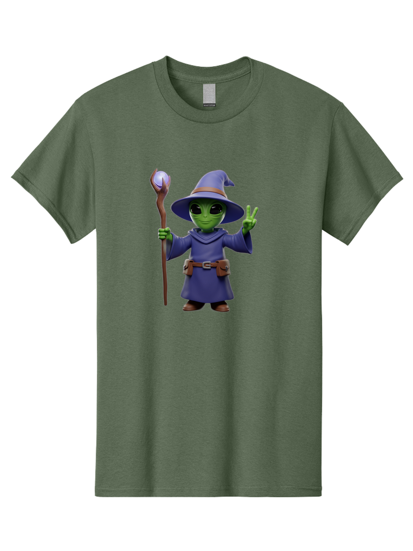 Wizard-Alien Men'S Graphic Tee, 100% Cotton, Comfortable Casual Summer Wear, Machine Washable, Cartoon Wizard, Alien Character, Fantasy Creature, Green Skin, Purple Robes, Magic Staff, Peace Sign, Mystical Powers, Otherworldly Being, Bac569