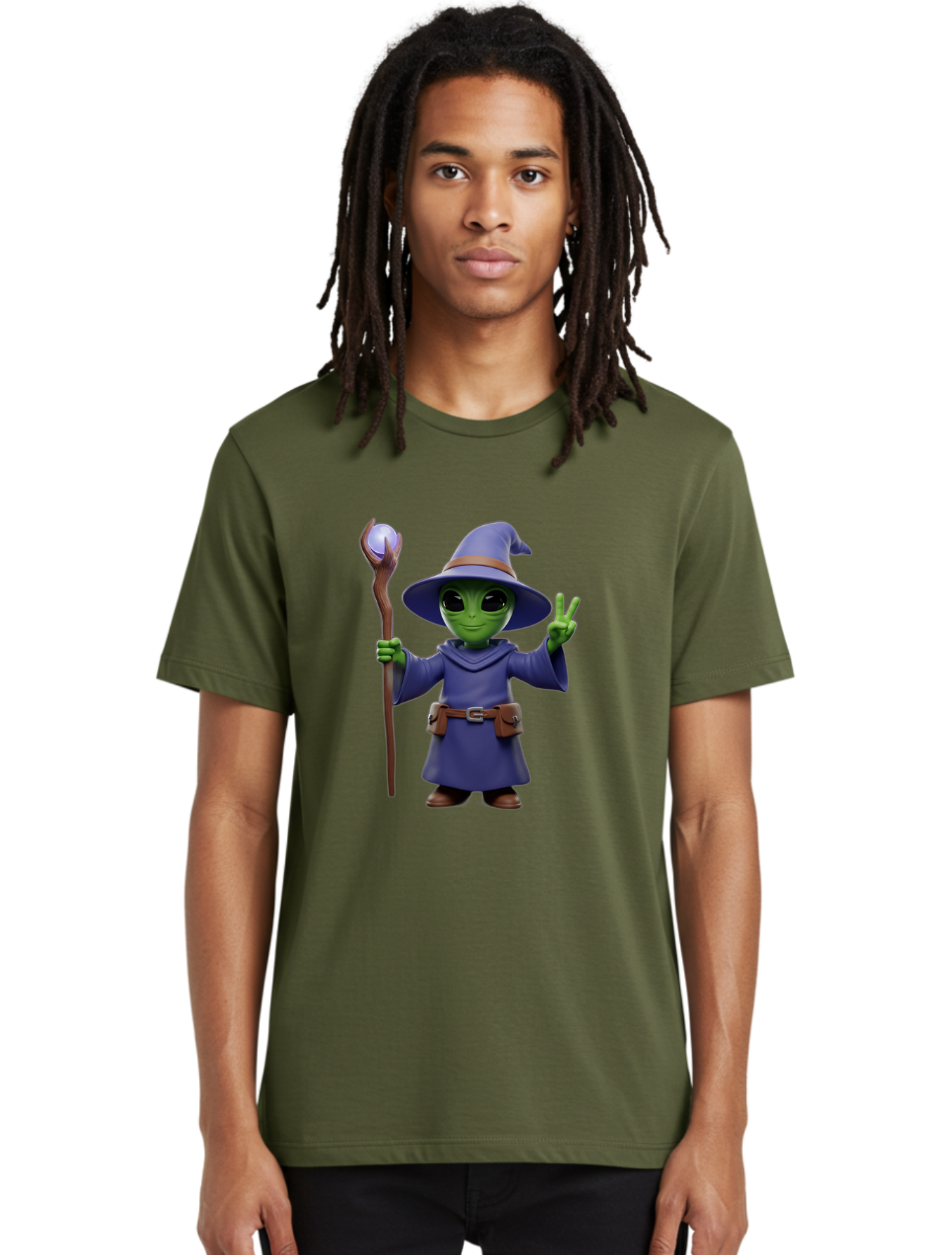 Wizard-Alien Men'S Graphic Tee, 100% Cotton, Comfortable Casual Summer Wear, Machine Washable, Cartoon Wizard, Alien Character, Fantasy Creature, Green Skin, Purple Robes, Magic Staff, Peace Sign, Mystical Powers, Otherworldly Being, Bac569
