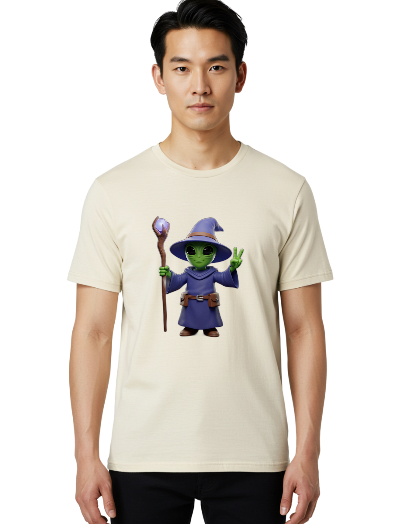 Wizard-Alien Men'S Graphic Tee, 100% Cotton, Comfortable Casual Summer Wear, Machine Washable, Cartoon Wizard, Alien Character, Fantasy Creature, Green Skin, Purple Robes, Magic Staff, Peace Sign, Mystical Powers, Otherworldly Being, Bac569
