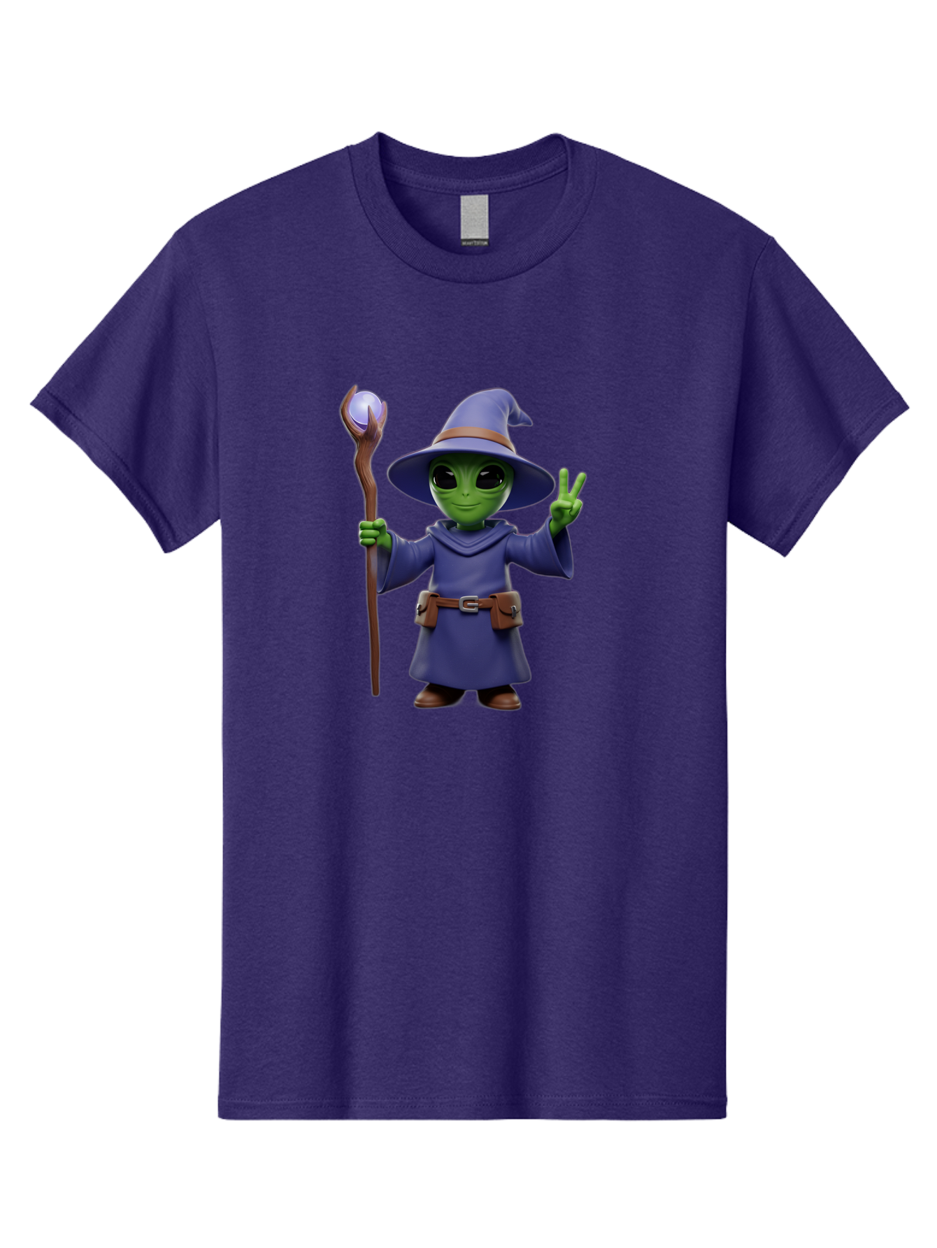 Wizard-Alien Men'S Graphic Tee, 100% Cotton, Comfortable Casual Summer Wear, Machine Washable, Cartoon Wizard, Alien Character, Fantasy Creature, Green Skin, Purple Robes, Magic Staff, Peace Sign, Mystical Powers, Otherworldly Being, Bac569