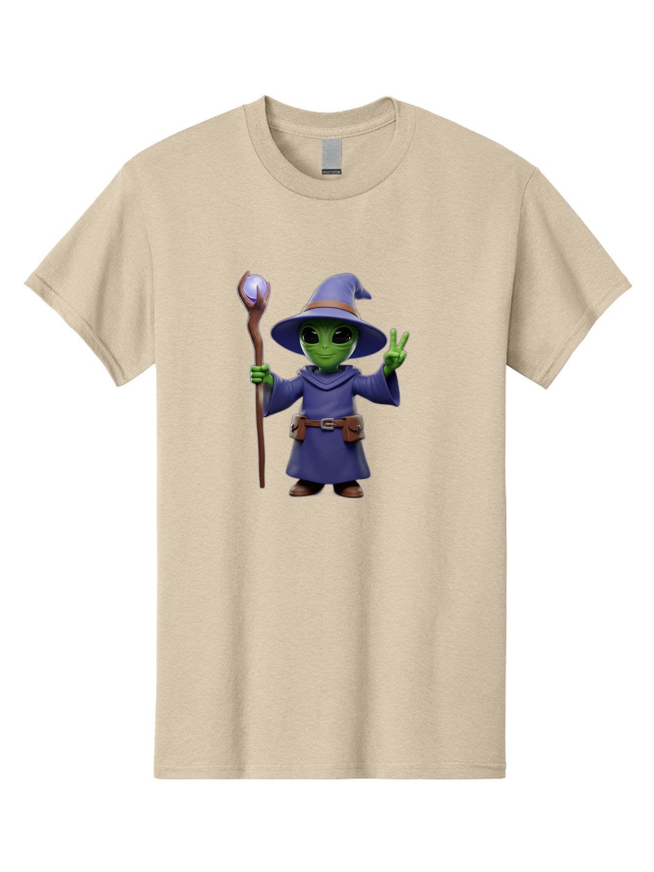 Wizard-Alien Men'S Graphic Tee, 100% Cotton, Comfortable Casual Summer Wear, Machine Washable, Cartoon Wizard, Alien Character, Fantasy Creature, Green Skin, Purple Robes, Magic Staff, Peace Sign, Mystical Powers, Otherworldly Being, Bac569