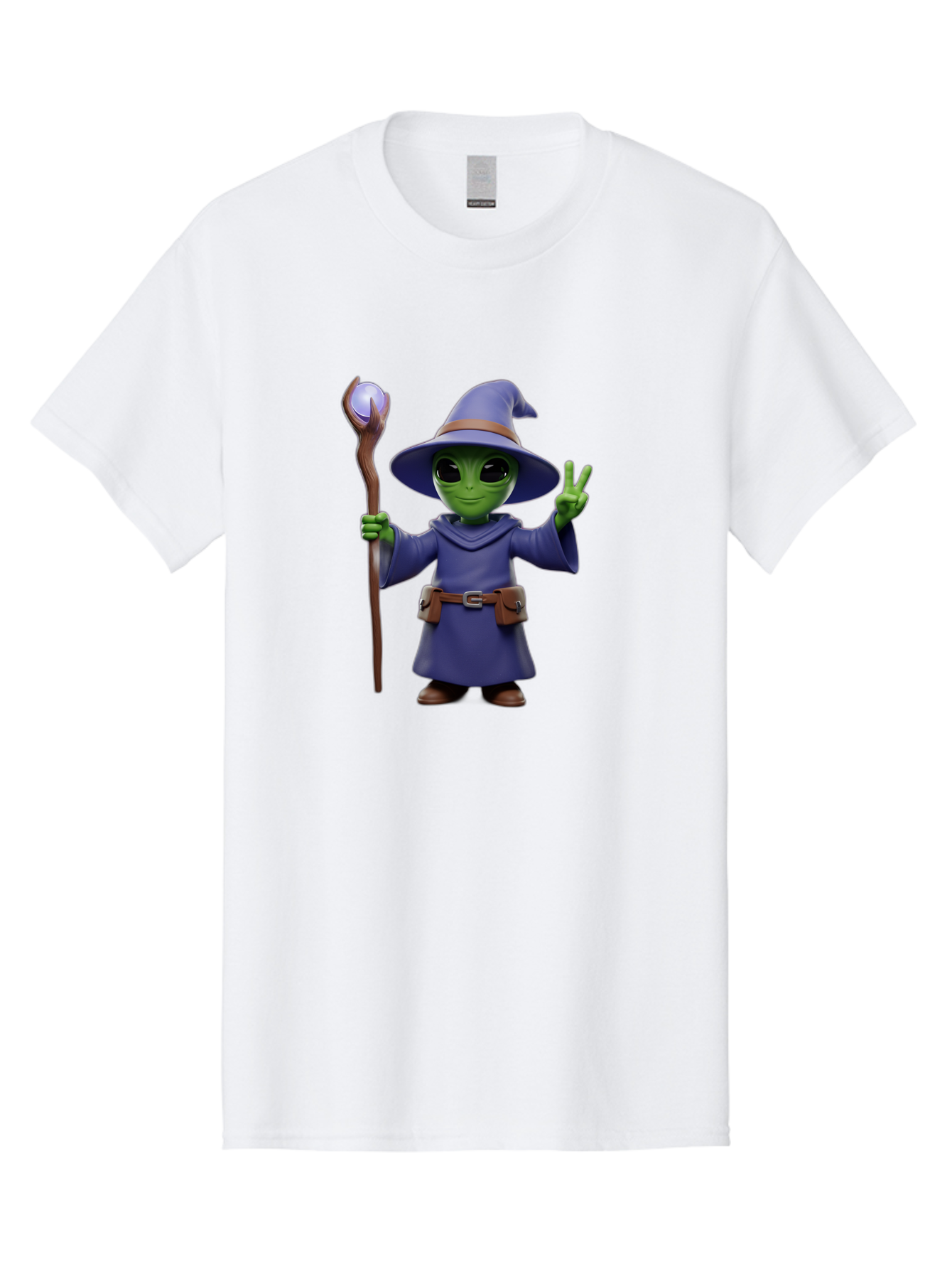 Wizard-Alien Men'S Graphic Tee, 100% Cotton, Comfortable Casual Summer Wear, Machine Washable, Cartoon Wizard, Alien Character, Fantasy Creature, Green Skin, Purple Robes, Magic Staff, Peace Sign, Mystical Powers, Otherworldly Being, Bac569
