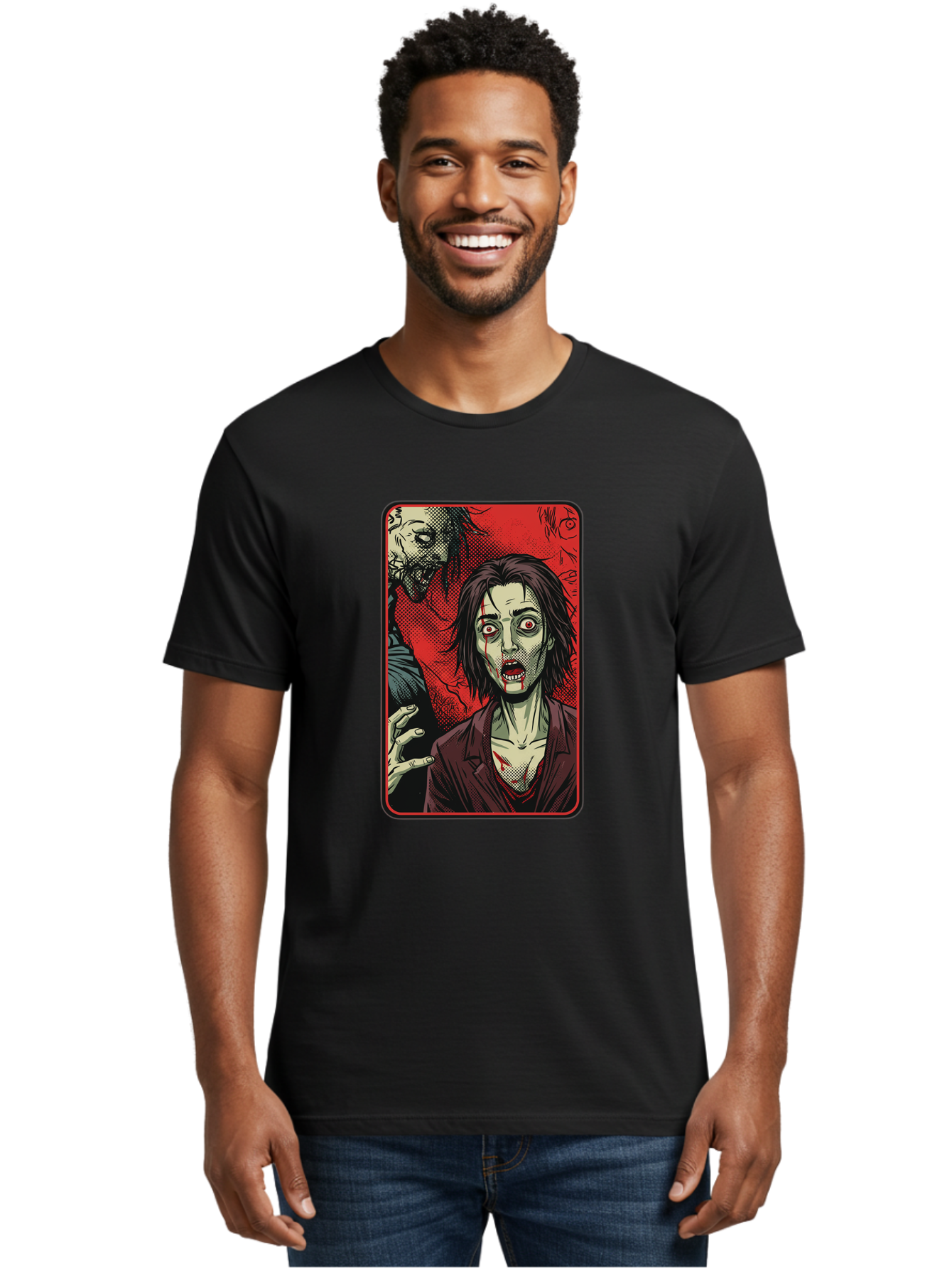 Zombie-Illustration Men'S Graphic Tee, 100% Cotton, Comfortable Casual Summer Wear, Machine Washable, Zombie Outbreak, Undead Creatures, Horror Scene, Post-Apocalyptic Chaos, Terrifying Atmosphere, Dark Fantasy, Red Eyes, Sharp Teeth, Bac570