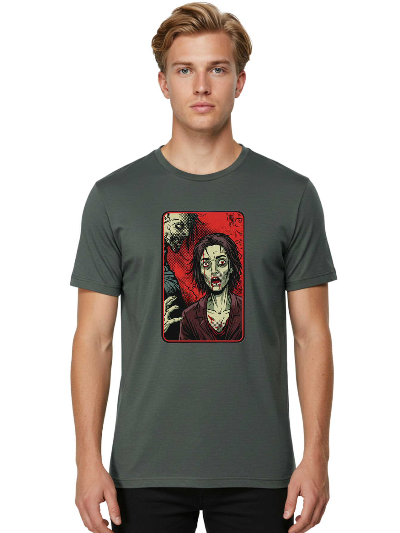 Zombie-Illustration Men'S Graphic Tee, 100% Cotton, Comfortable Casual Summer Wear, Machine Washable, Zombie Outbreak, Undead Creatures, Horror Scene, Post-Apocalyptic Chaos, Terrifying Atmosphere, Dark Fantasy, Red Eyes, Sharp Teeth, Bac570