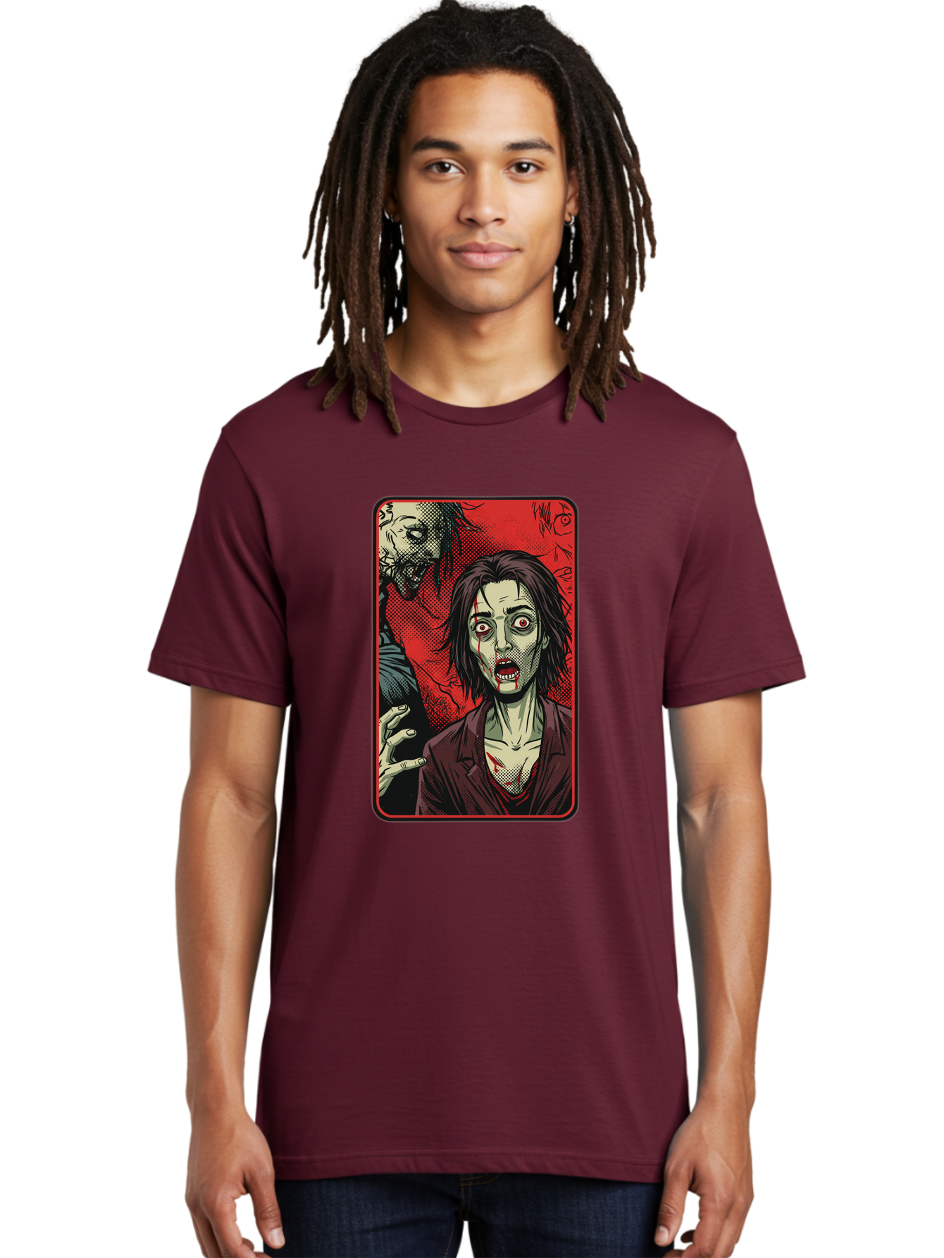 Zombie-Illustration Men'S Graphic Tee, 100% Cotton, Comfortable Casual Summer Wear, Machine Washable, Zombie Outbreak, Undead Creatures, Horror Scene, Post-Apocalyptic Chaos, Terrifying Atmosphere, Dark Fantasy, Red Eyes, Sharp Teeth, Bac570